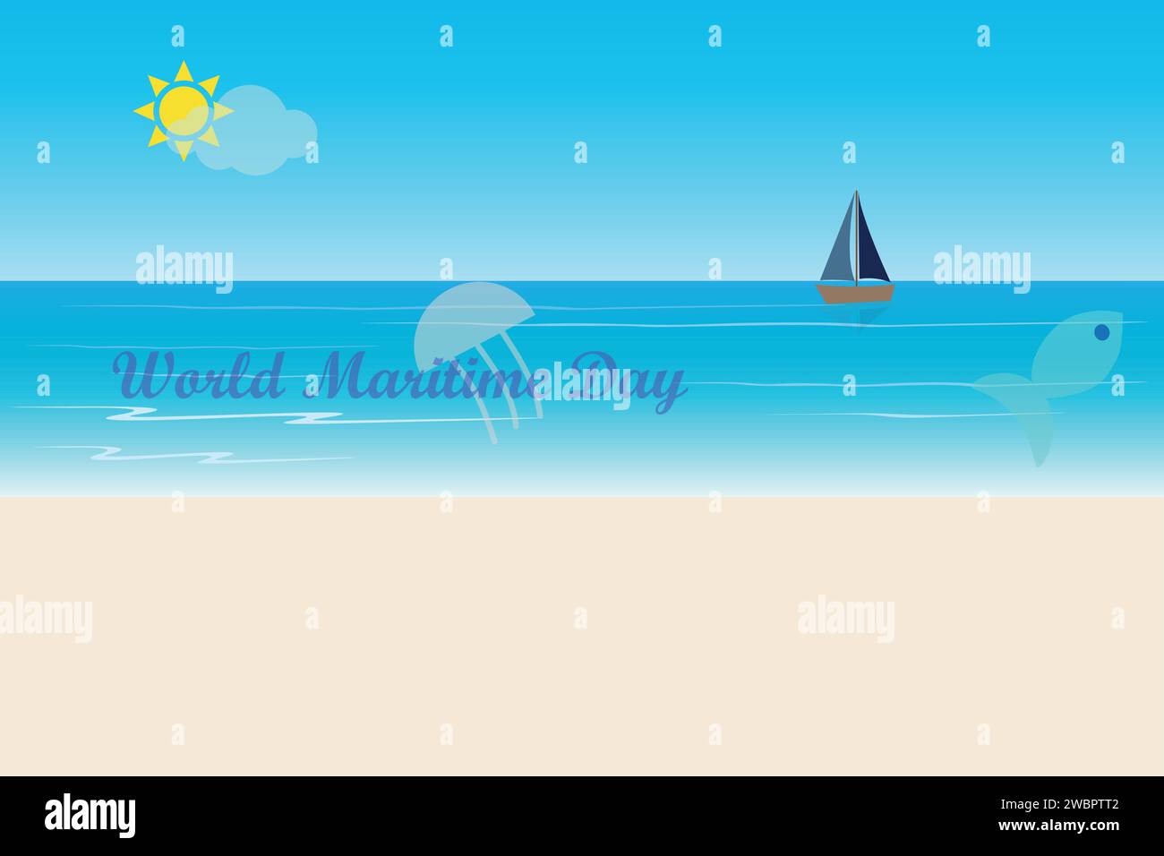 Paesaggio marino con barca, sabbia, pesci e meduse e il testo giornata marittima mondiale Illustrazione Vettoriale