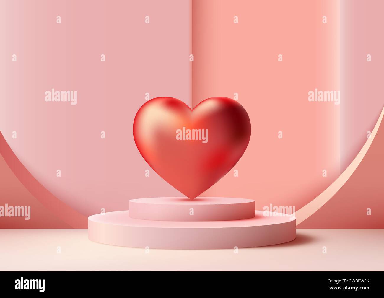 San Valentino in mostra con questo modello 3D rosa su podio. Elementi lucidi a cuore rosso con sfondo rosa tenue, perfetti per presentare prodotti, marchi, Illustrazione Vettoriale