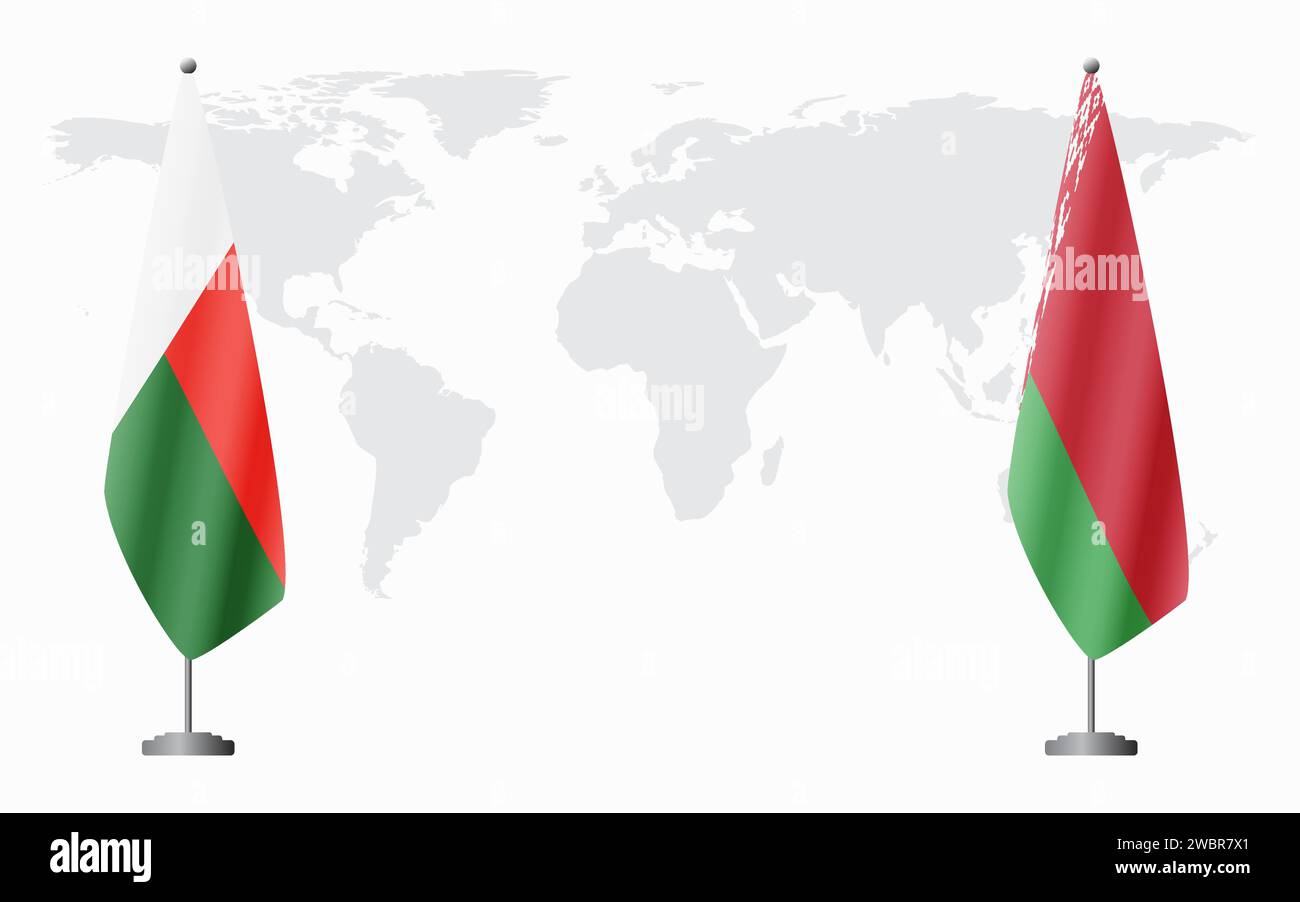 Bandiere del Madagascar e bielorusse per un incontro ufficiale sullo sfondo della mappa mondiale. Illustrazione Vettoriale