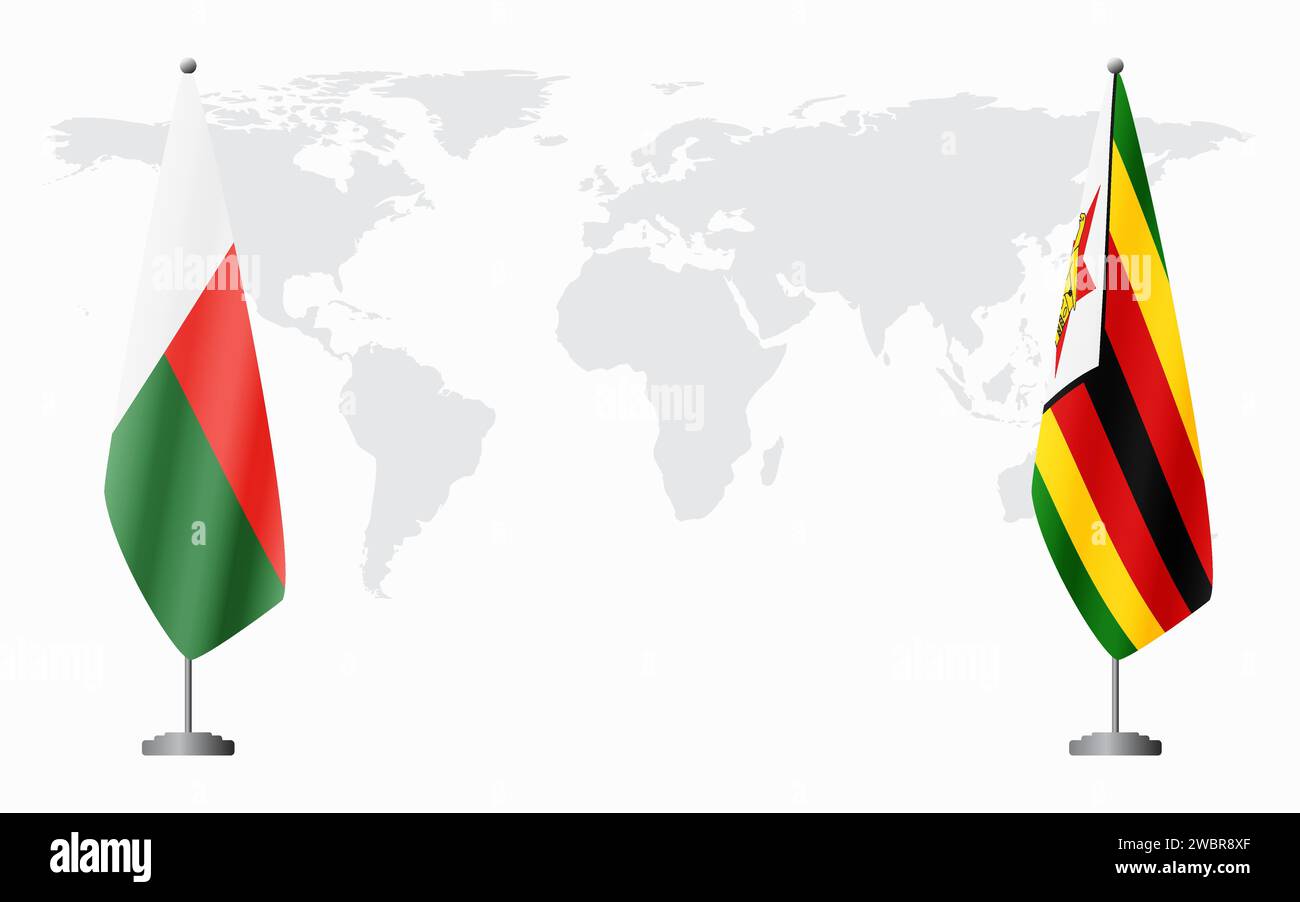 Bandiere del Madagascar e dello Zimbabwe per un incontro ufficiale sullo sfondo della mappa mondiale. Illustrazione Vettoriale