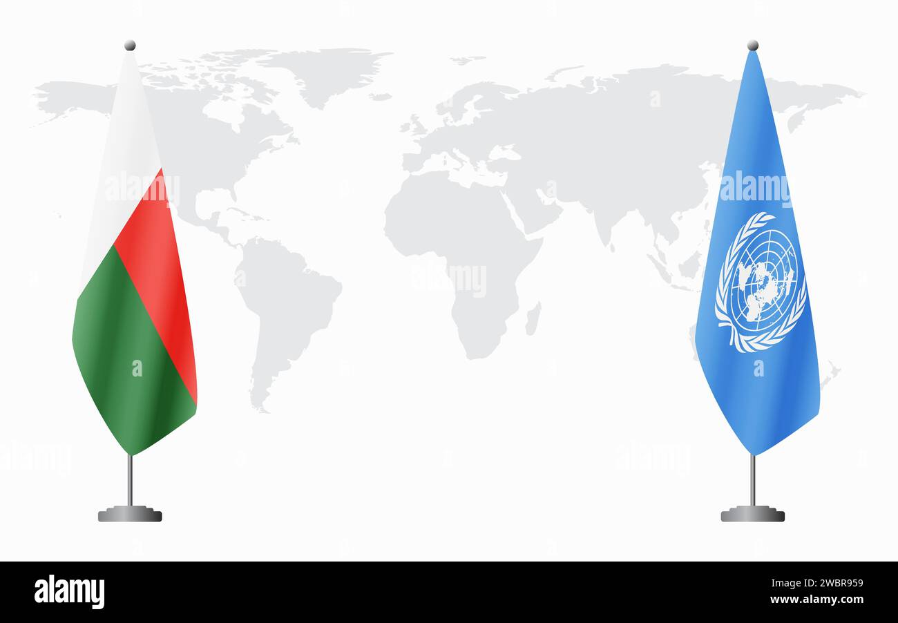 Bandiere del Madagascar e delle Nazioni Unite per un incontro ufficiale sullo sfondo della mappa mondiale. Illustrazione Vettoriale