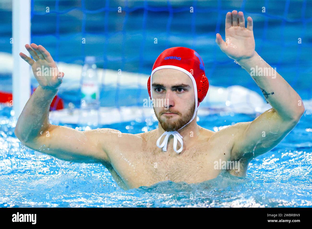 Dubrovnik, Kroatien. 4 gennaio 2024. DUBROVNIK, 05-01-2024, zwemsport, pallanuoto, EK 2024, 2024 European Men's Water Polo Championships, Nederland - Roemeni?, Joran Westerveld dei Paesi Bassi foto: Dijks Media/MTB/dpa/Alamy Live News Foto Stock