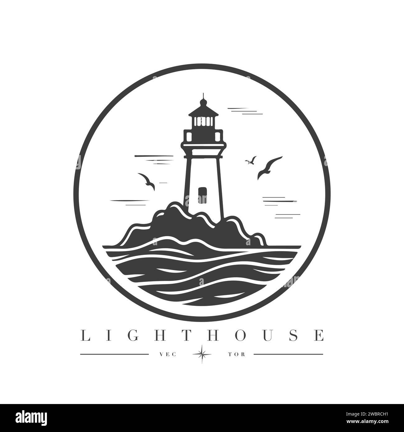 Faro nell'oceano sulla piccola isola rocciosa logo emblema vettore. Faro torre mascotte. Illustrazione Vettoriale