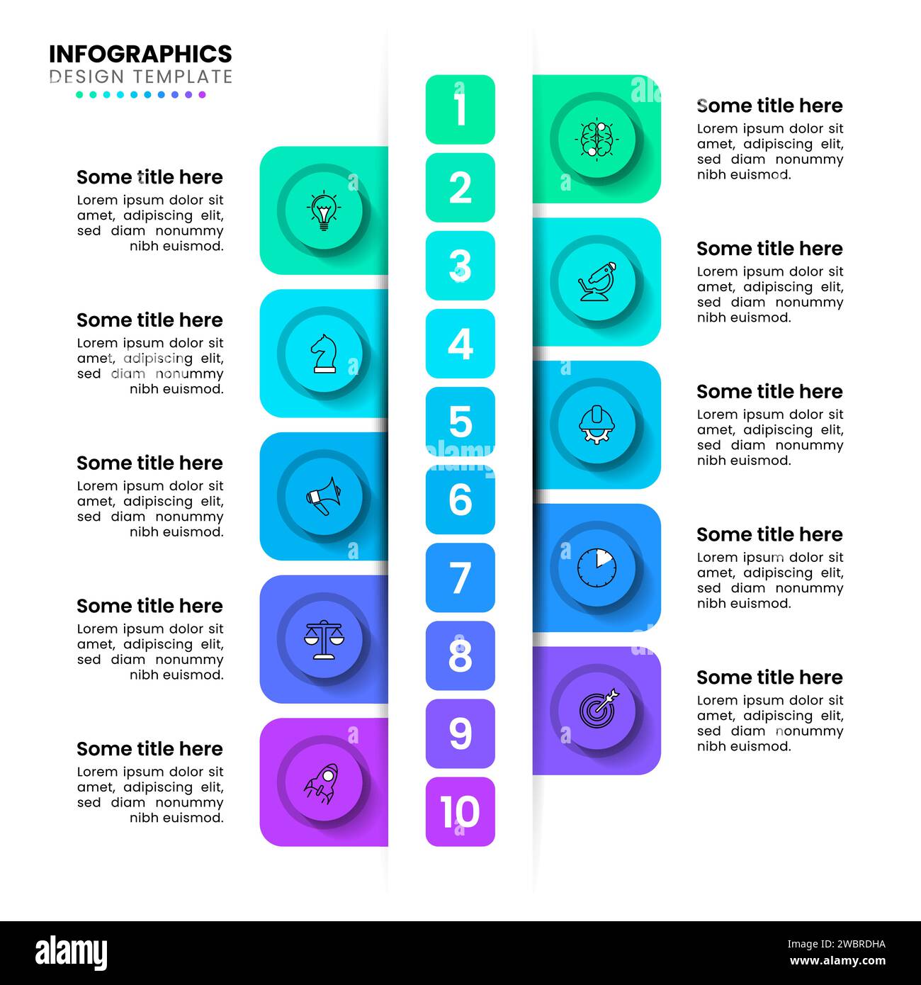 Modello infografico con icone e 10 opzioni o passaggi. Linea verticale. Può essere utilizzato per layout del flusso di lavoro, diagrammi, banner, webdesign. Illustrati vettoriali Illustrazione Vettoriale