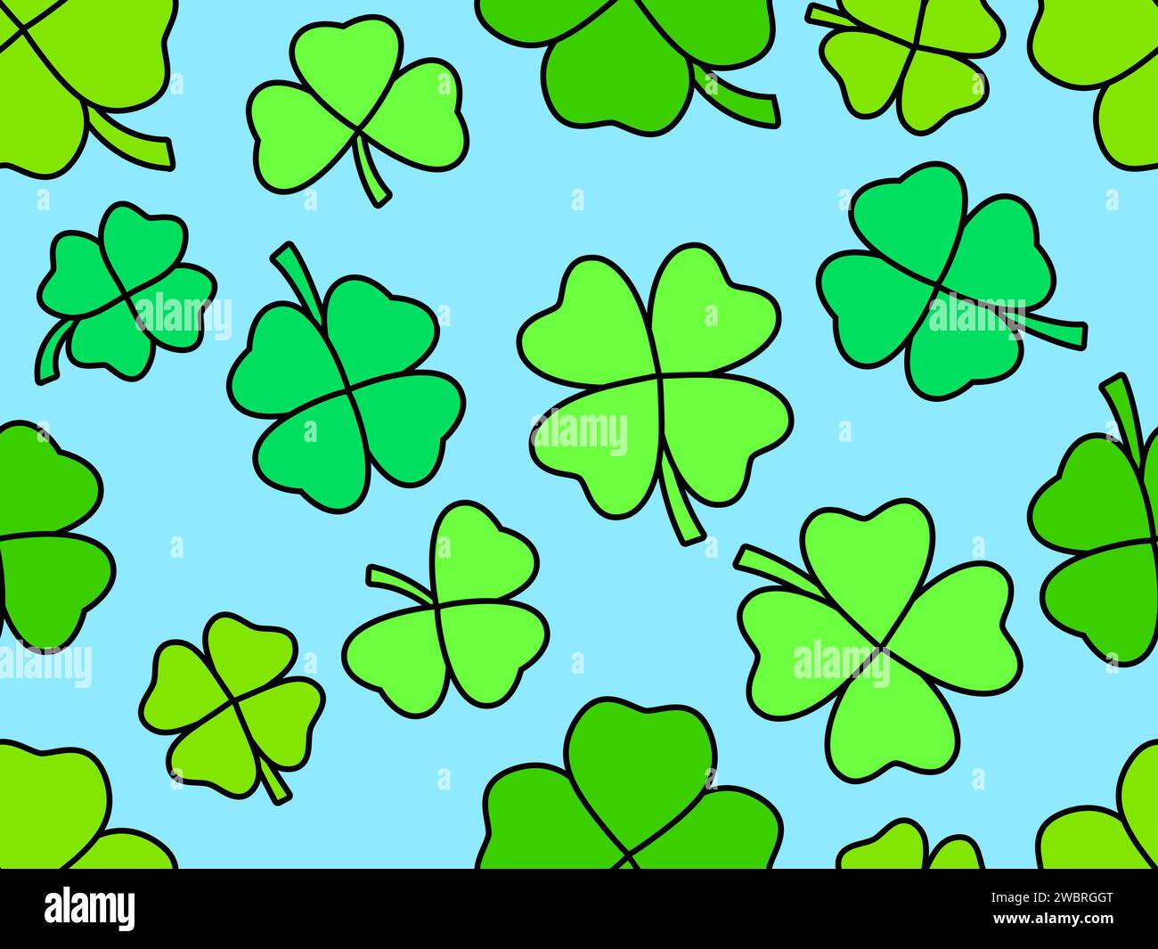 Motivo Clover senza cuciture per St. Patrick's Day. Trifoglio verde a quattro e tre foglie per buona fortuna. Sfondo per biglietti di auguri, carta da imballaggio, pro Illustrazione Vettoriale