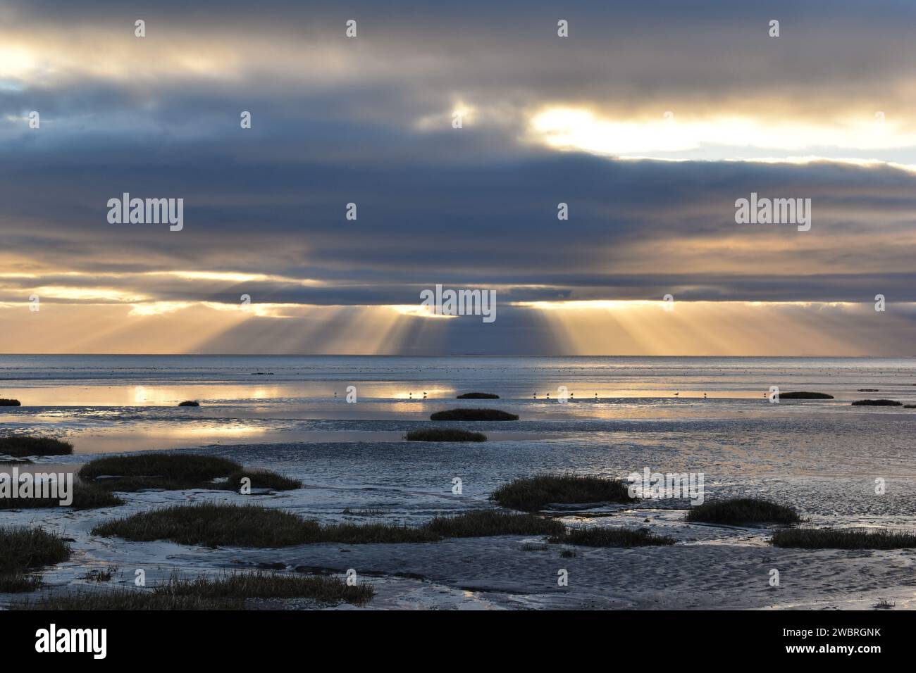 Raggi crepuscolari di un sole mattutino che splende tra le nuvole su una bassa marea sulla costa di Barrow in Furness. Foto Stock