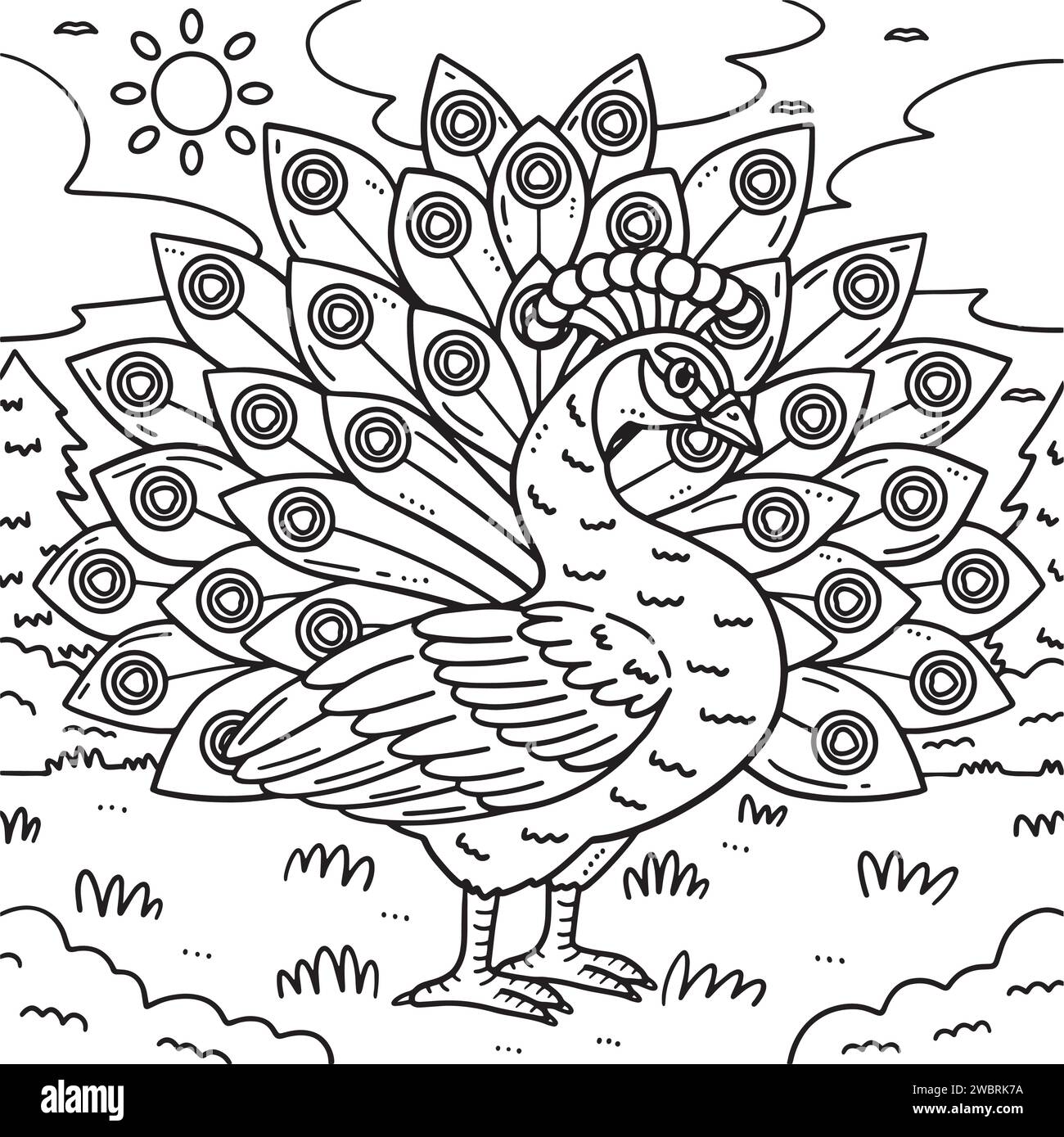 Peacock Bird Coloring Page for Kids Illustrazione Vettoriale