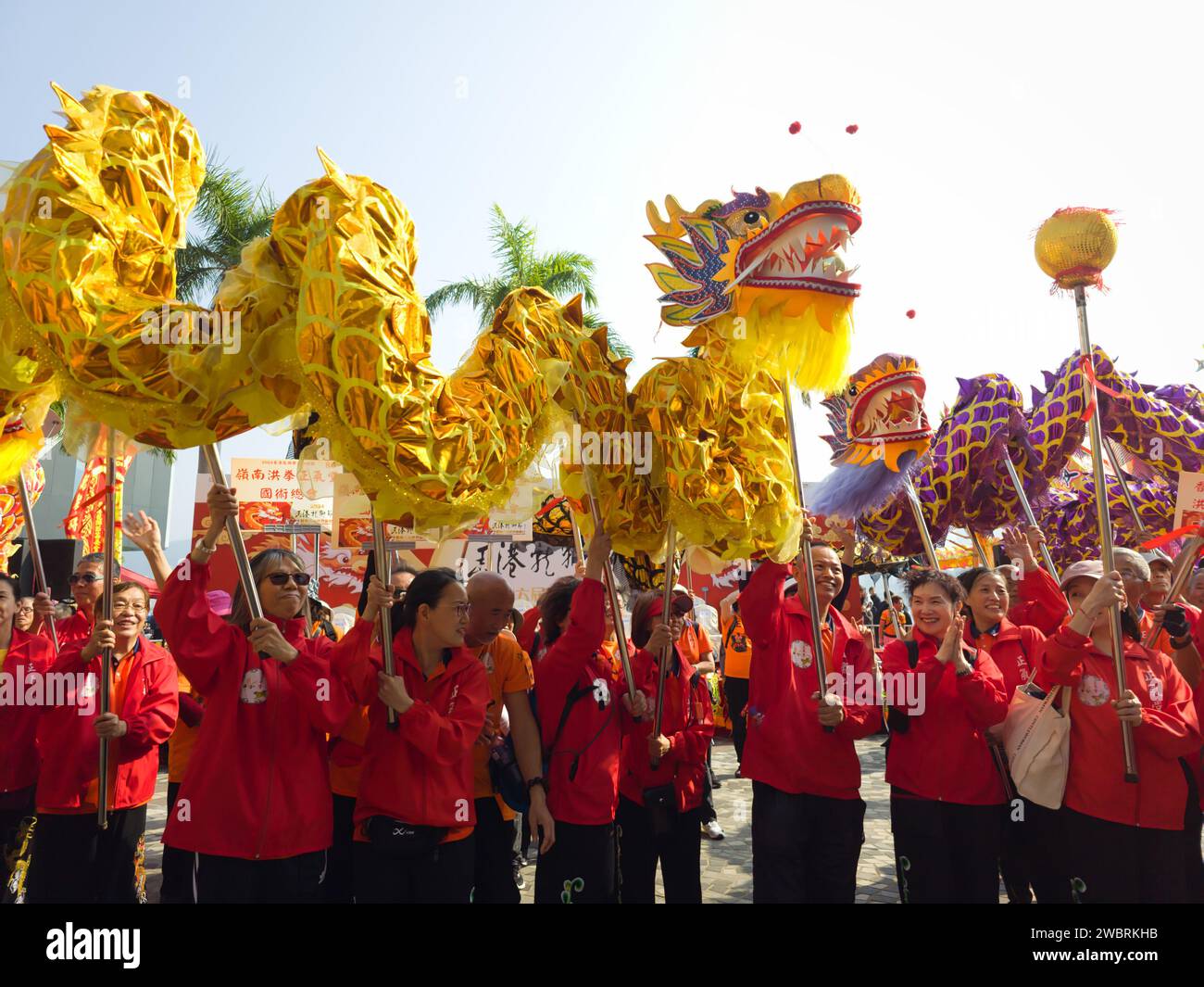 Hong Kong, Cina - 1 gennaio 2024: Hong Kong Dragon Lion Dance Extravaganza Festival 2024 a Hong Kong. Parata di danza del drago. Foto Stock
