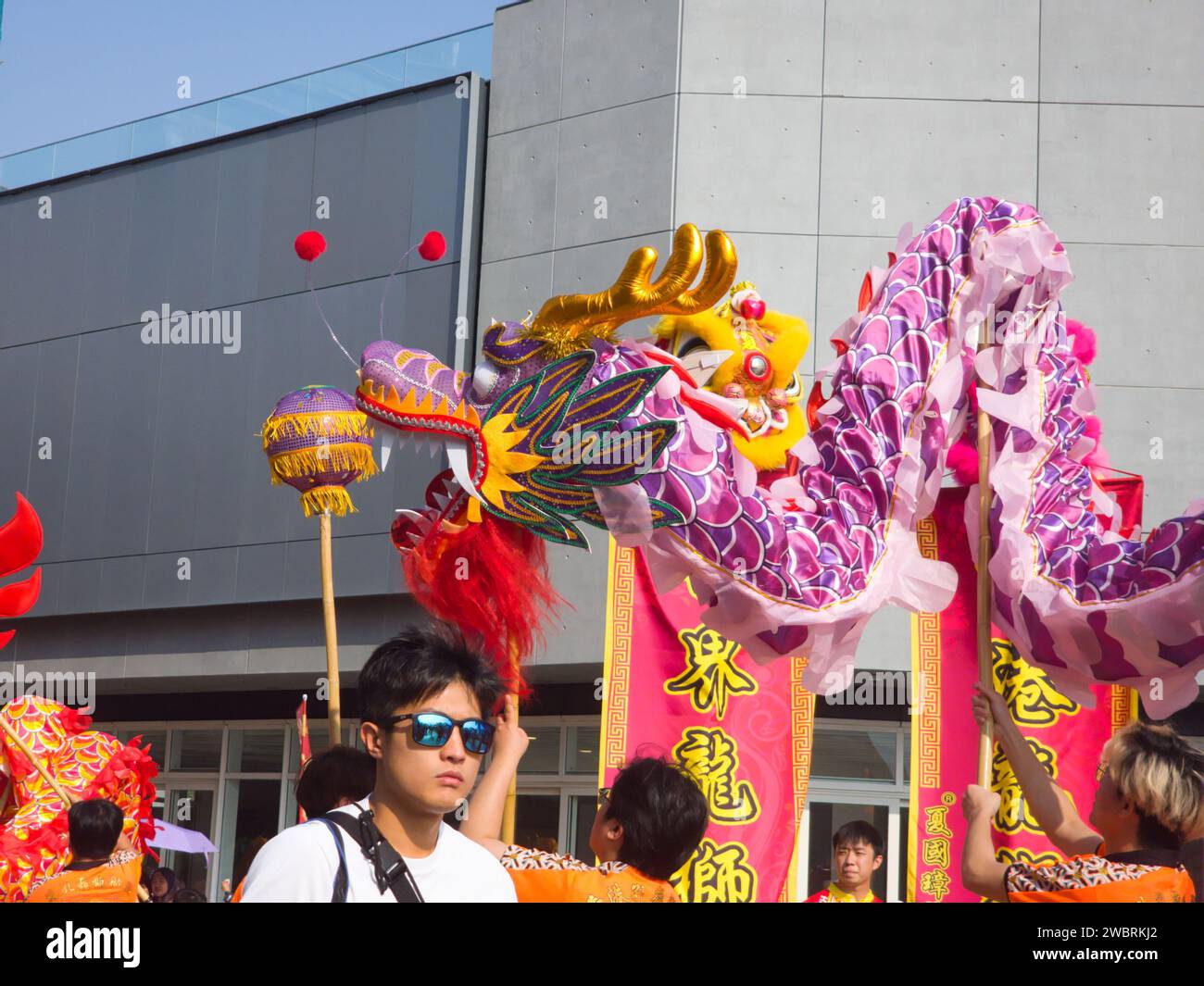 Hong Kong, Cina - 1 gennaio 2024: Hong Kong Dragon Lion Dance Extravaganza Festival 2024 a Hong Kong. Drago viola. Foto Stock
