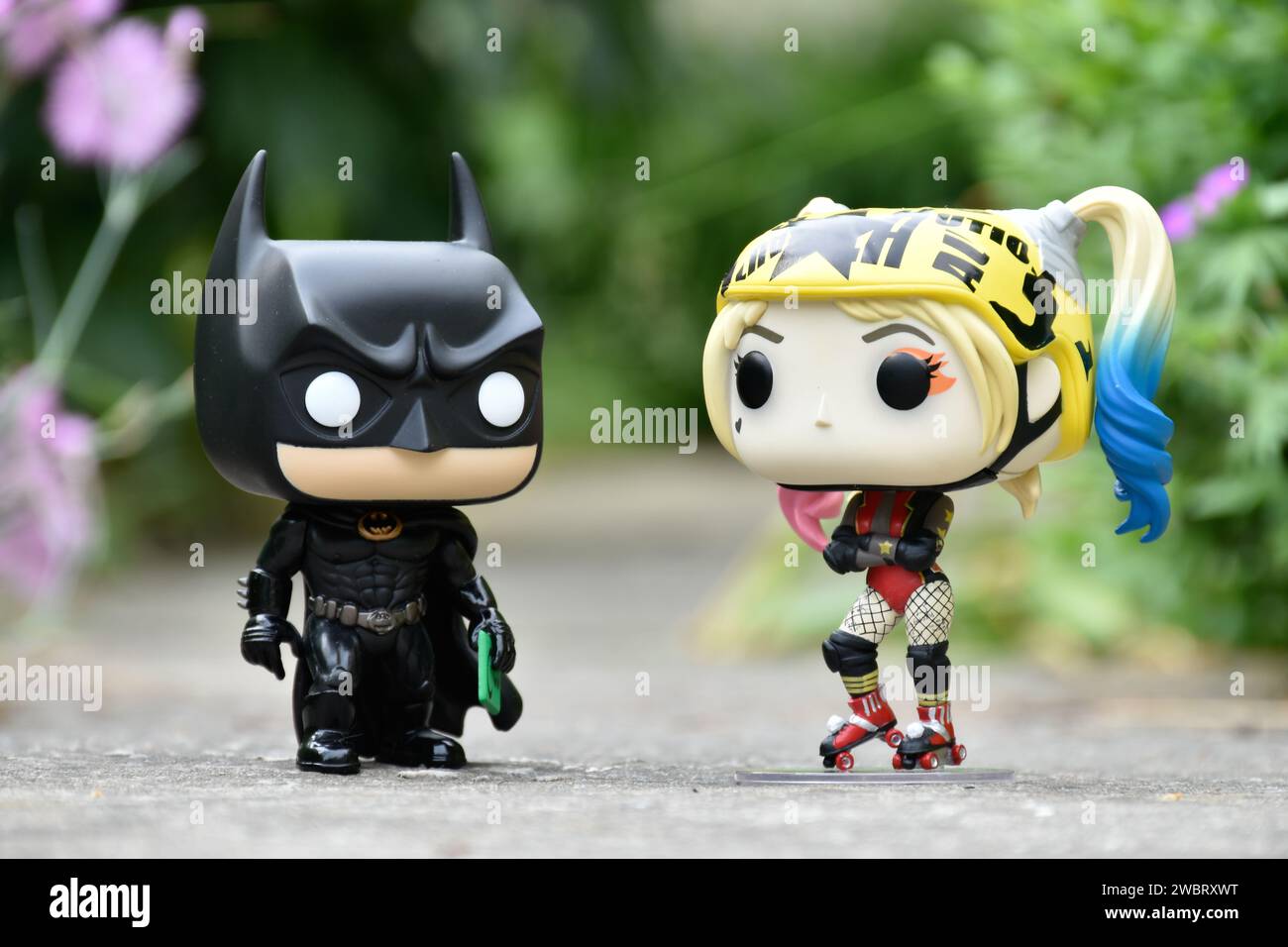 Funko Pop action figure dei supereroi dei fumetti DC Batman e Harley Quinn in piedi su strada asfaltata nel parco primaverile, erba verde, fiori rosa. Foto Stock