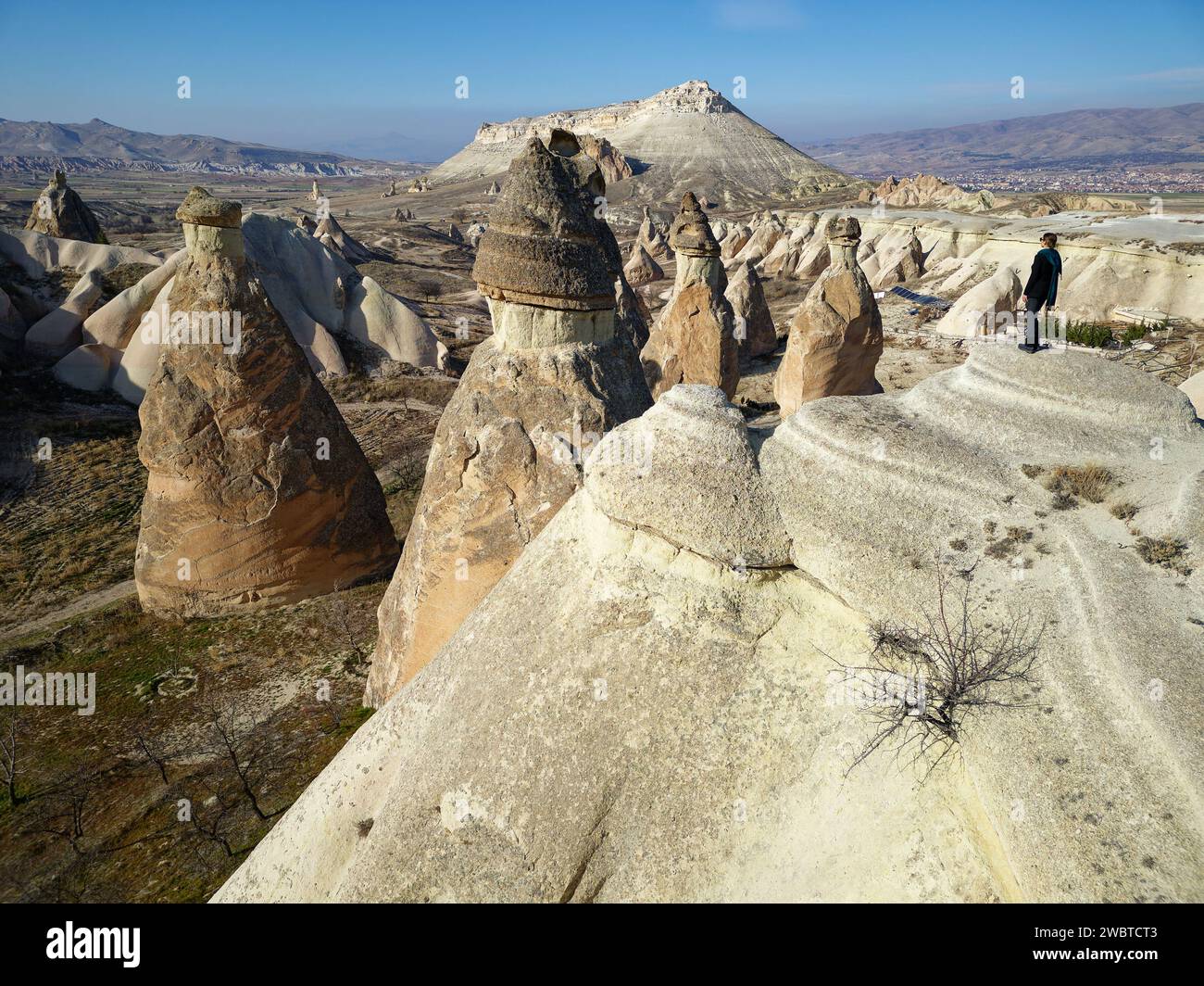Vista aerea con droni di una persona che ammira la bellezza naturale della Valle di Pasabag o della Valle dei Monaci e dei camini delle fate in Cappadocia, Turchia. Foto Stock
