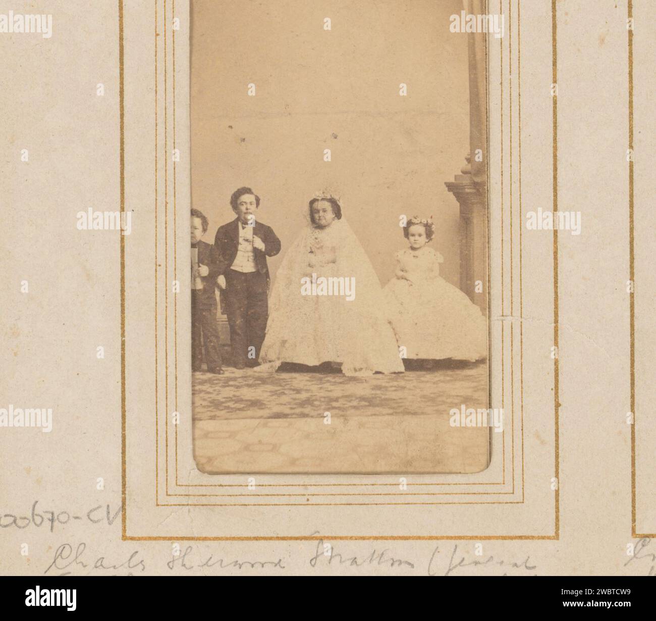 Sport di gruppo con il generale Tom Thumb, Lavinia Warren, Minnie Warren e Commodore, MAthrew Benjamin Brady, 1864 Fotografia. Scheda visita questa foto fa parte di un album. Supporto fotografico di New York (città). gli albumi di cartone stampano persone storiche. Persone storiche - BB - donna. sposa e sposo in abito da sposa Foto Stock