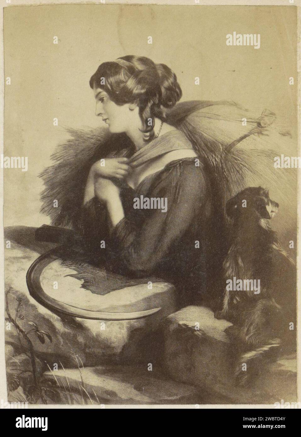 Produzione fotografica di (presumibilmente) una stampa di una giovane donna con orecchie, falce e cane, c. 1850 - c. 1870 Fotografia parte di album con foto di luoghi e paesaggi in Inghilterra e di arte. Giornale inglese. supporto fotografico albume stampa adolescente, giovane donna, fanciulla. cane. attrezzi agricoli: falce. cereali, cereali, granturco (erba con grani, coltivata per uso alimentare, ad esempio frumento, riso, segala, avena, mais, grano saraceno, miglio) Foto Stock