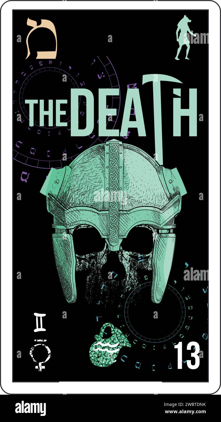 Carta egiziana tarocchi numero tredici, chiamata morte. Cranio con casco e design tipografico. Illustrazione Vettoriale