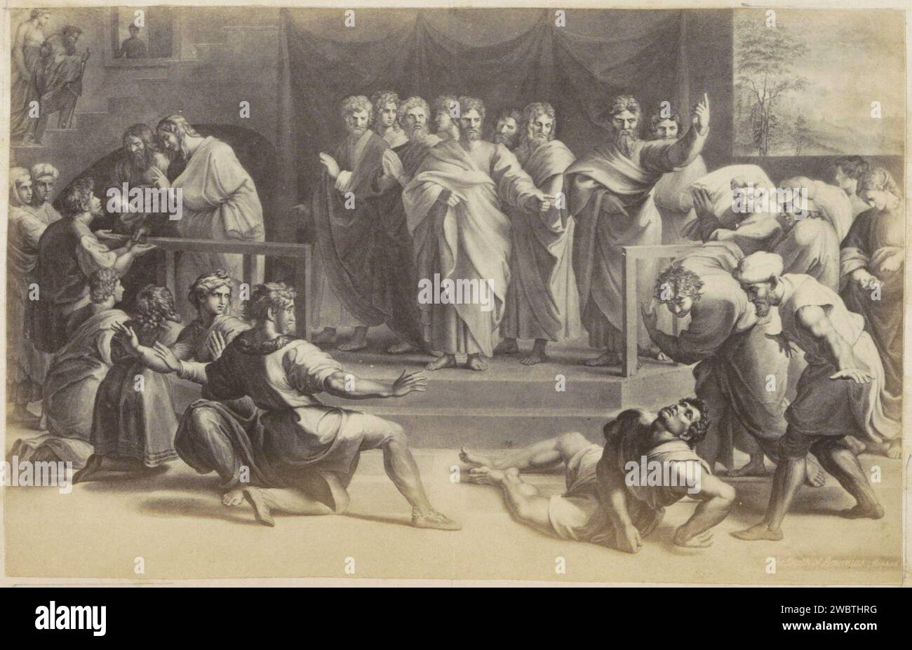 Produzione fotografica di (presumibilmente) una stampa su un disegno di Rafaël per un tappeto nella Sixtine Chapel, c. 1850 - c. 1870 Fotografia parte di album con foto di luoghi e paesaggi in Inghilterra e di arte. Giornale inglese. L'albumano di supporto fotografico stampa Ananias, rimproverata da Peter, cade e muore tra i suoi doni Foto Stock