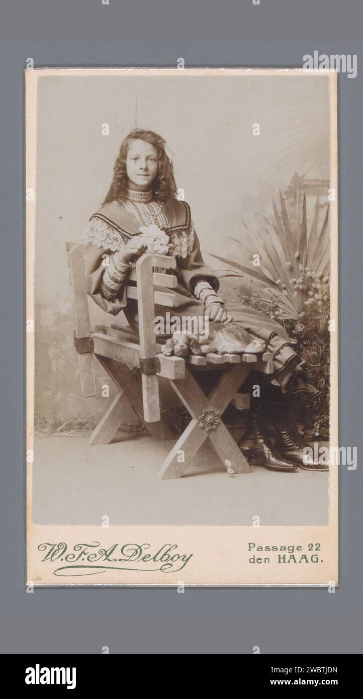 Ritratto di una ragazza sconosciuta su un divano, Wilhelm Frederick Antonius Delboy, 1887 - 1914 Fotografia. Visita la carta baryta dell'Aia. ragazza in cartone (bambino tra i più piccoli e i giovani). anonimo personaggio storico ritratto Foto Stock