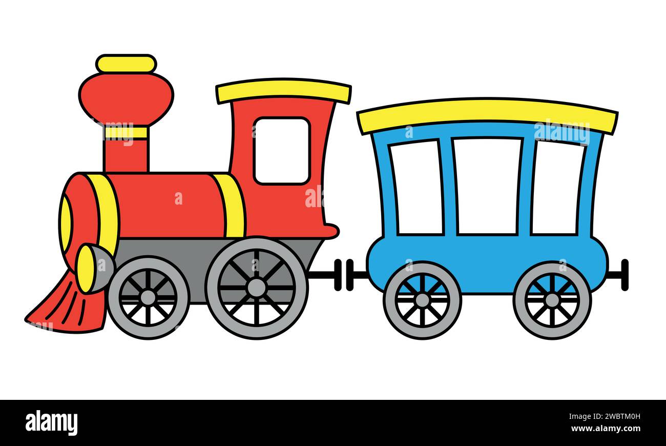 treno a vapore - illustrazione vettoriale dei cartoni animati a colori di locomotiva a vapore e vagone ferroviario passeggeri, isolato su bianco Illustrazione Vettoriale