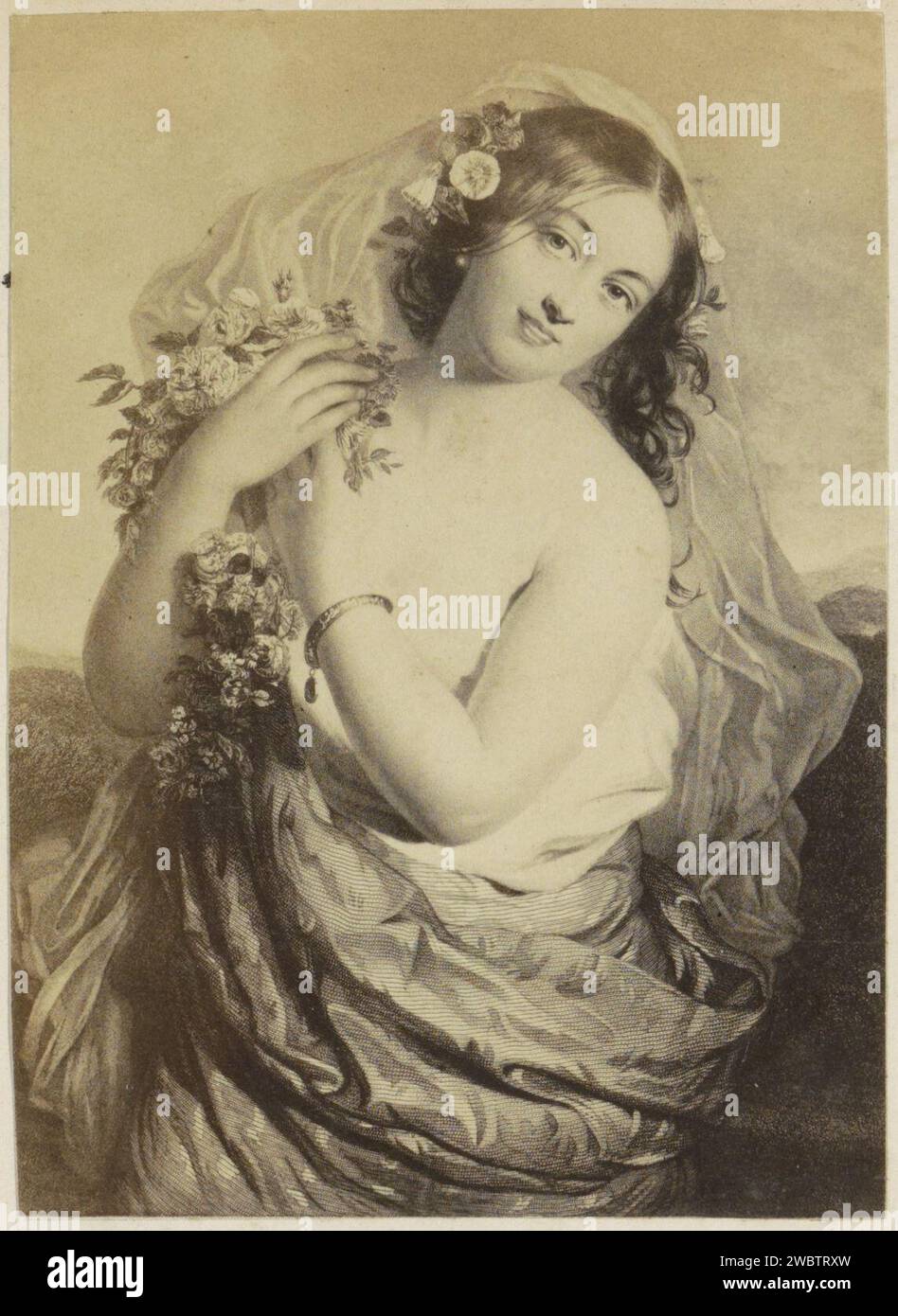 Produzione fotografica di (presumibilmente) una stampa di una giovane donna con fiori in mano, c. 1850 - c. 1870 Fotografia parte di album con foto di luoghi e paesaggi in Inghilterra e di arte. Giornale inglese. supporto fotografico albume stampa adolescente, giovane donna, fanciulla Foto Stock