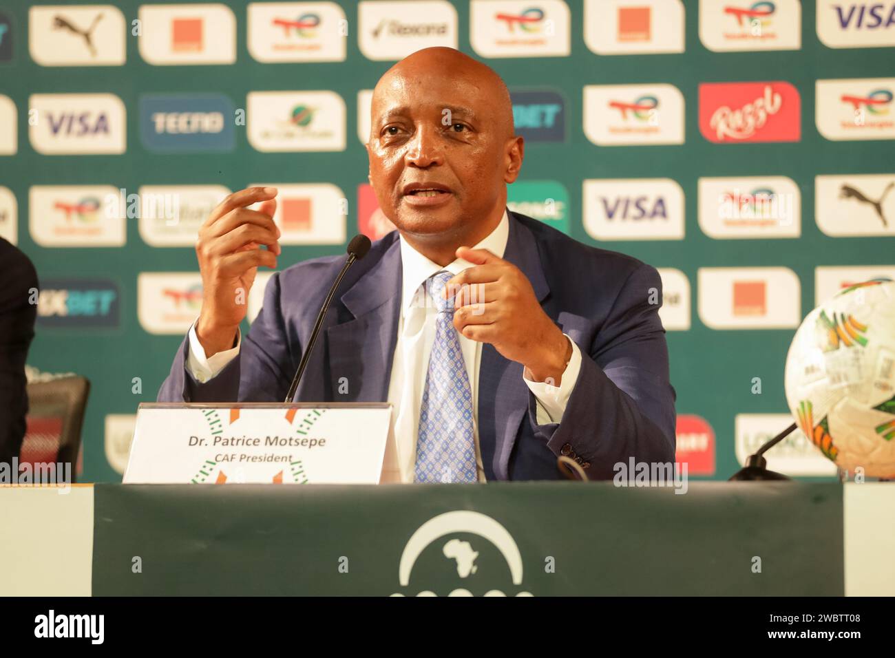 Abidjan, Nigeria. 11 gennaio 2024. Presidente DELLA CAF, conferenza stampa del dottor Patrick Motsepe. Coppa d'Africa AFCON 2023. Victor modo Foto Stock