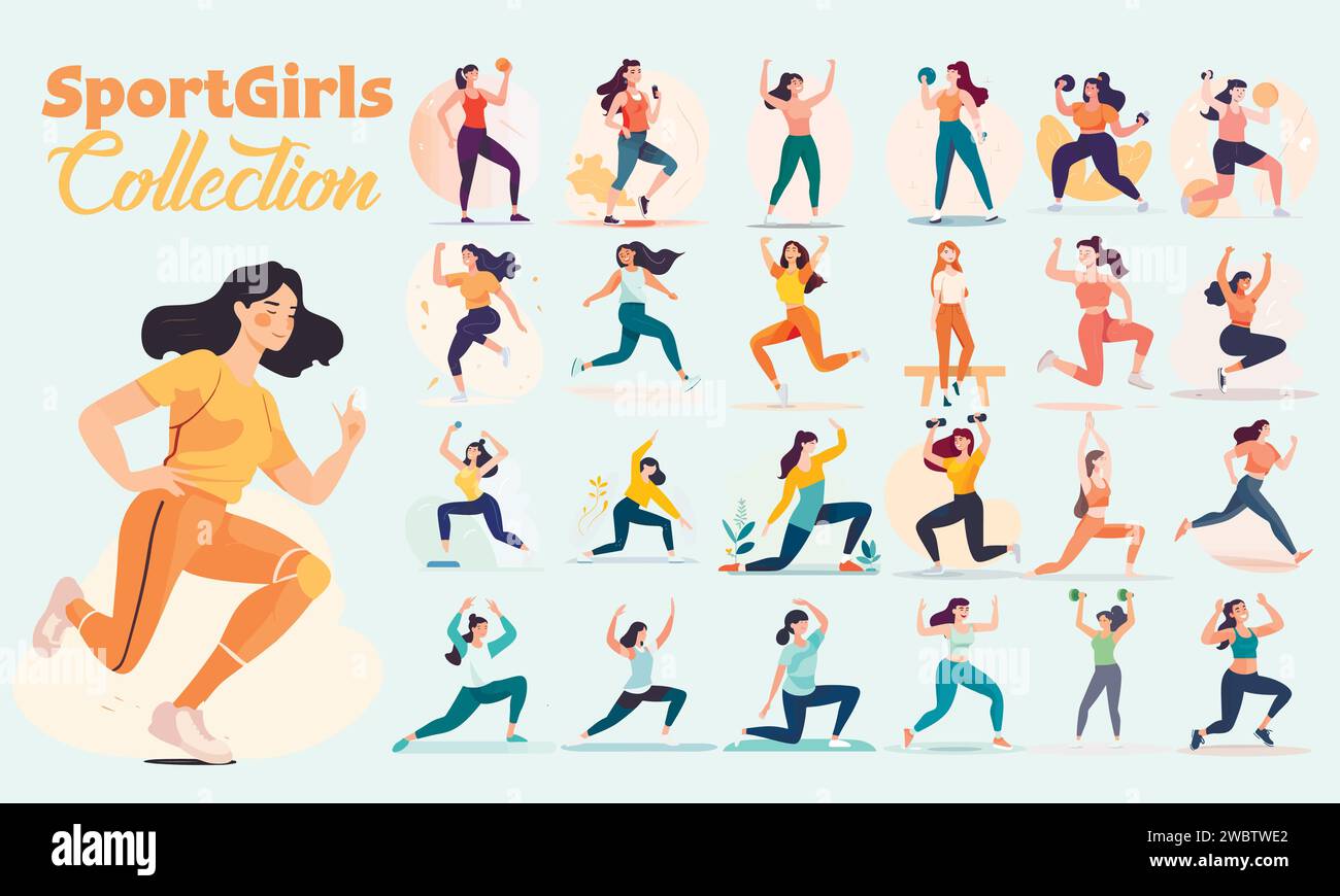 Set di giovani donne che si allenano. Illustrazione vettoriale di ragazze sportive. Illustrazione Vettoriale