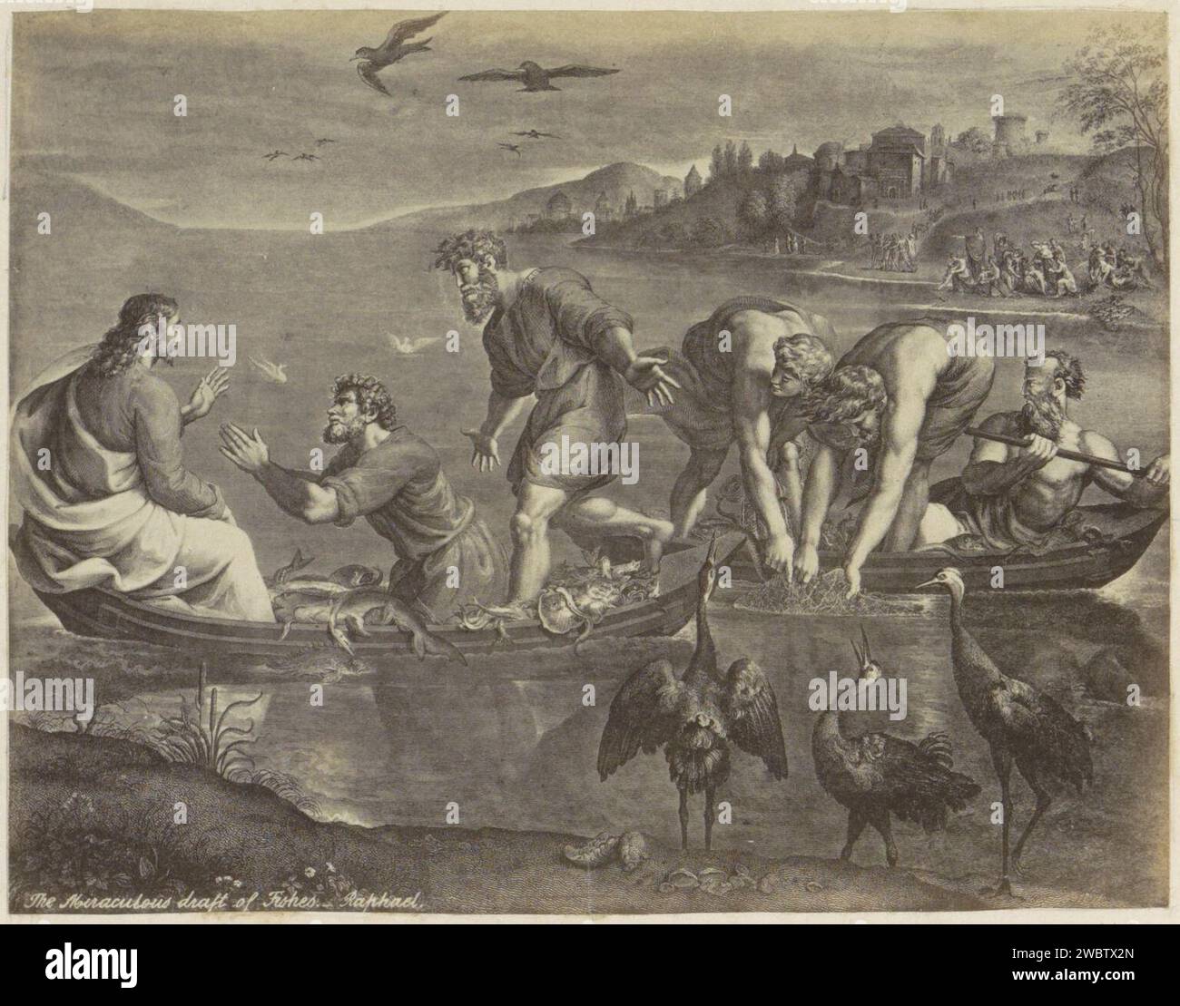 Produzione fotografica di (presumibilmente) una stampa su un disegno di Rafaël per un tappeto nella Sixtine Chapel, c. 1850 - c. 1870 Fotografia parte di album con foto di luoghi e paesaggi in Inghilterra e di arte. Giornale inglese. Supporto fotografico gli albumi stampano il miracoloso progetto di pesci (prima della Resurrezione) sul Lago di Gennesaret (Mare di Galilea); Giacomo e Giovanni aiutano a portare le reti (Luca 5:1-11) Foto Stock