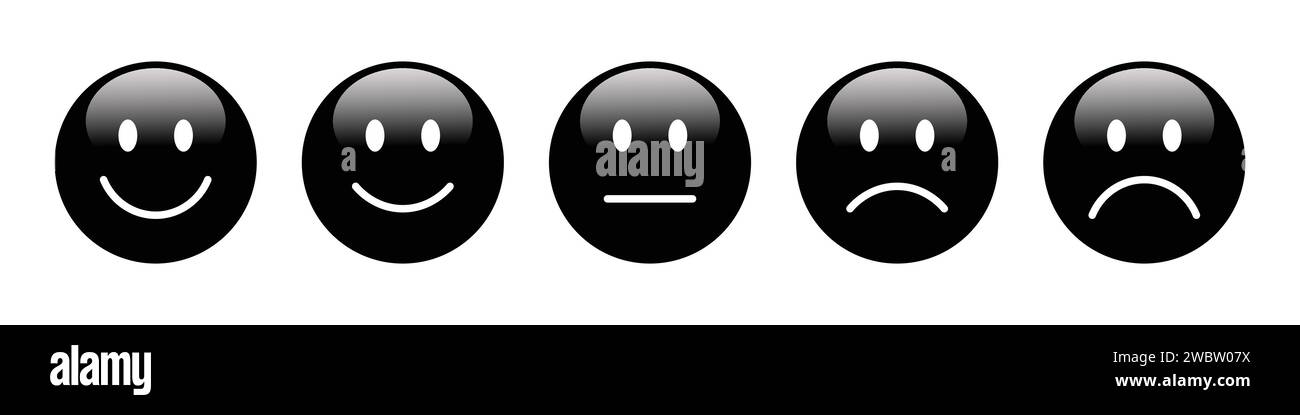 Emojis di valutazione 3D impostato in colore nero. Raccolta emoticon feedback. Set di icone emoji eccellente, buono, neutro, cattivo e molto cattivo. Illustrazione Vettoriale