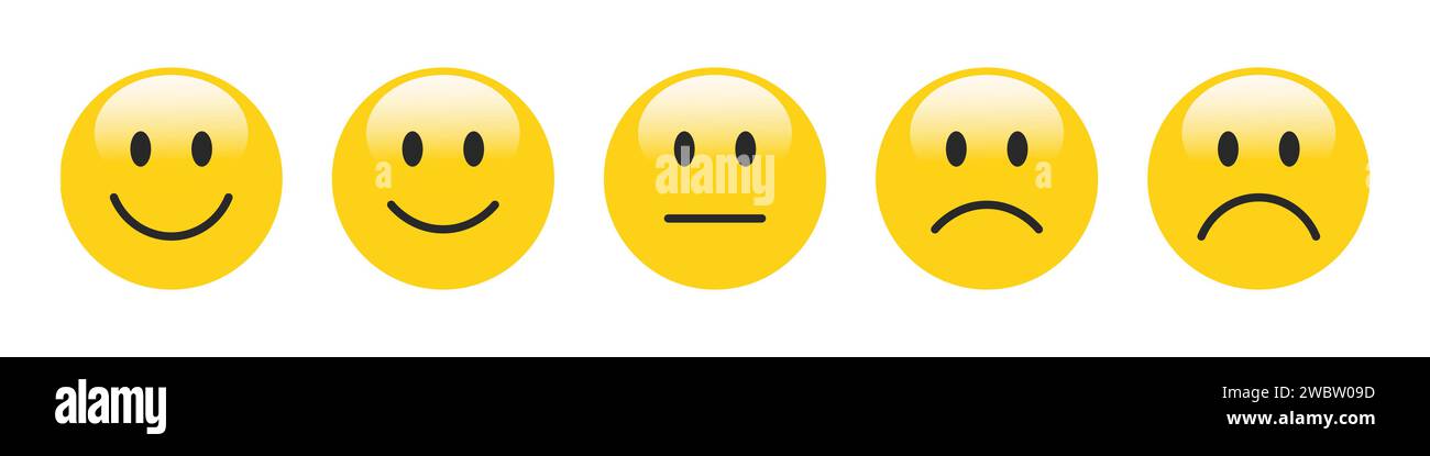 Emojis di classificazione 3D impostato in giallo. Raccolta emoticon feedback. Set di icone emoji eccellente, buono, neutro, cattivo e molto cattivo. Illustrazione Vettoriale