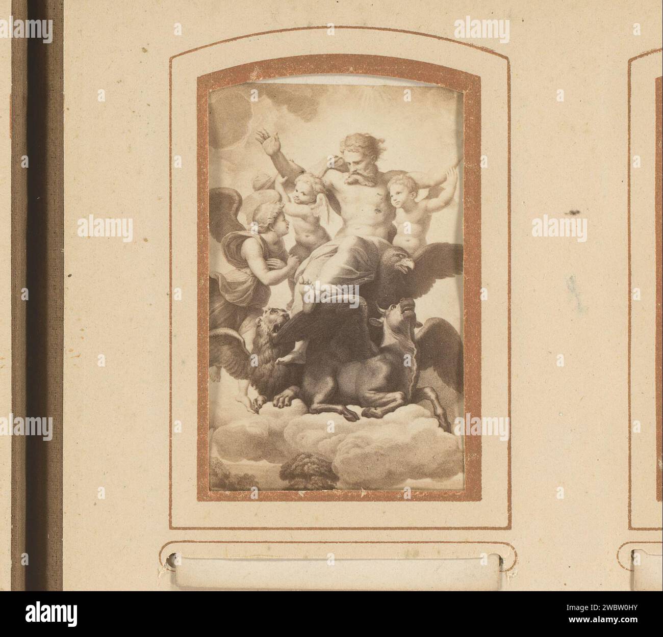 Produzione fotografica della visione di Ezekiel di Rafaël, Gustav Schauer (possibile), dopo Rafaël, 1850 - 1900 Fotografia. Scheda visita questa foto fa parte di un album. Cartone di Berlino. Gli albumi di supporto fotografico stampano la visione di Ezechiele di Dio seduto sul suo trono portato da quattro tetramorfi, ognuno dei quali ha quattro ali; ruote all'interno di ruote accanto a loro Foto Stock