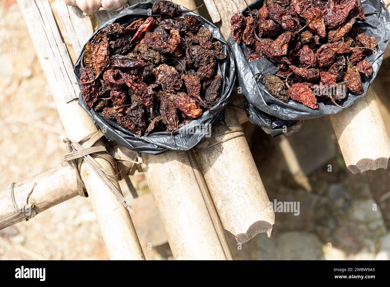 Naga Ghost Pepper Chilli Podson un chiosco, king Chilly è uno dei peperoncini più caldi al mondo. Nagaland, India nordorientale Foto Stock