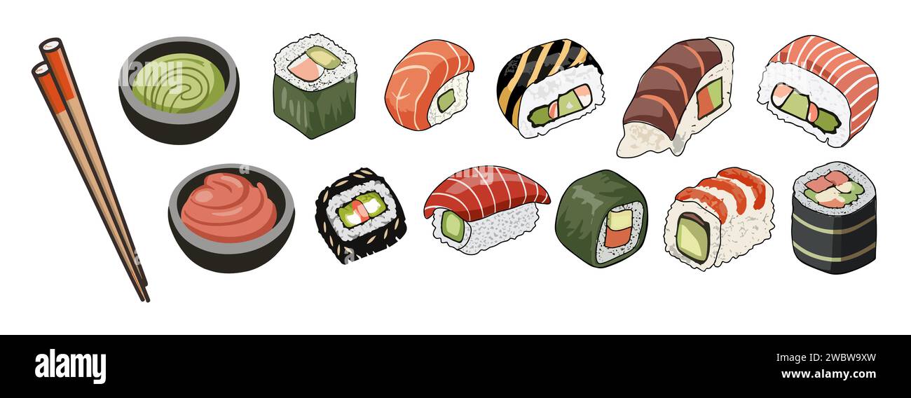 Sushi cibo asiatico con pesce, riso vettoriale. Illustrazione Vettoriale