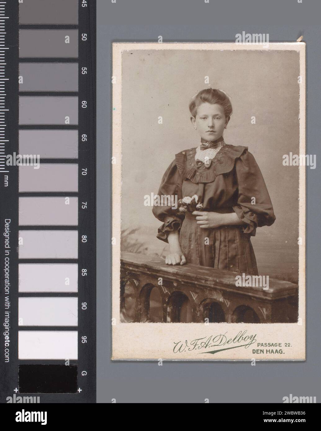 Ritratto di una giovane donna sconosciuta con fiori, Wilhelm Frederick Antonius Delboy, 1887 - 1914 Fotografia. Visita la carta baryta dell'Aia. adolescente di cartone, giovane donna, fanciulla. anonimo personaggio storico ritratto Foto Stock
