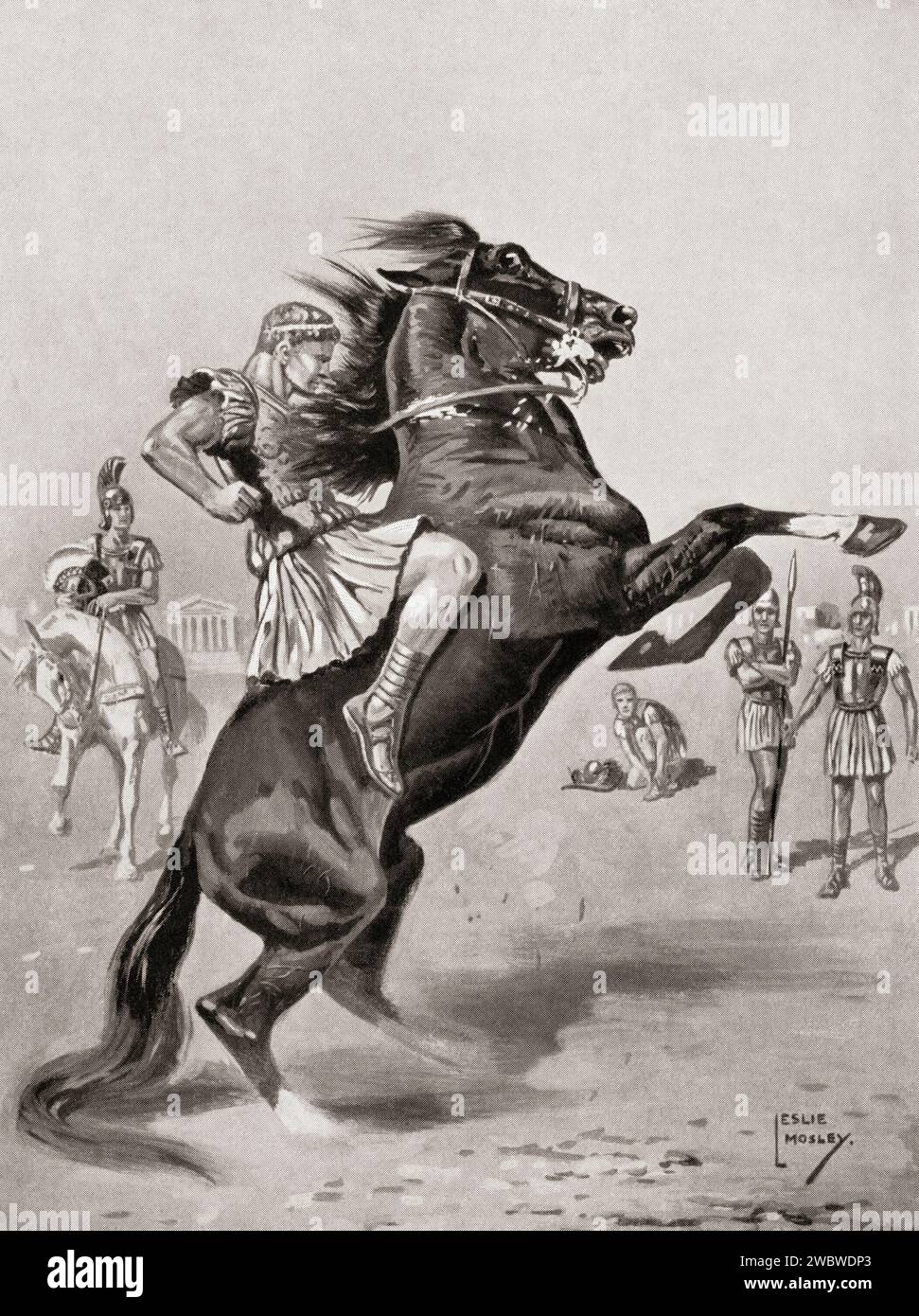Alessandro Magno domò il cavallo Bucefalo nel IV secolo a.C. Alessandro III di Macedonia, 356 a.C. – 323 a.C. alias Alessandro Magno. Foto Stock