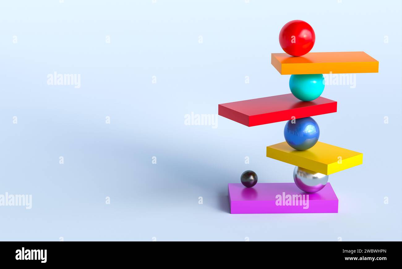 sfere e piattaforme in equilibrio. rendering 3d. Foto Stock