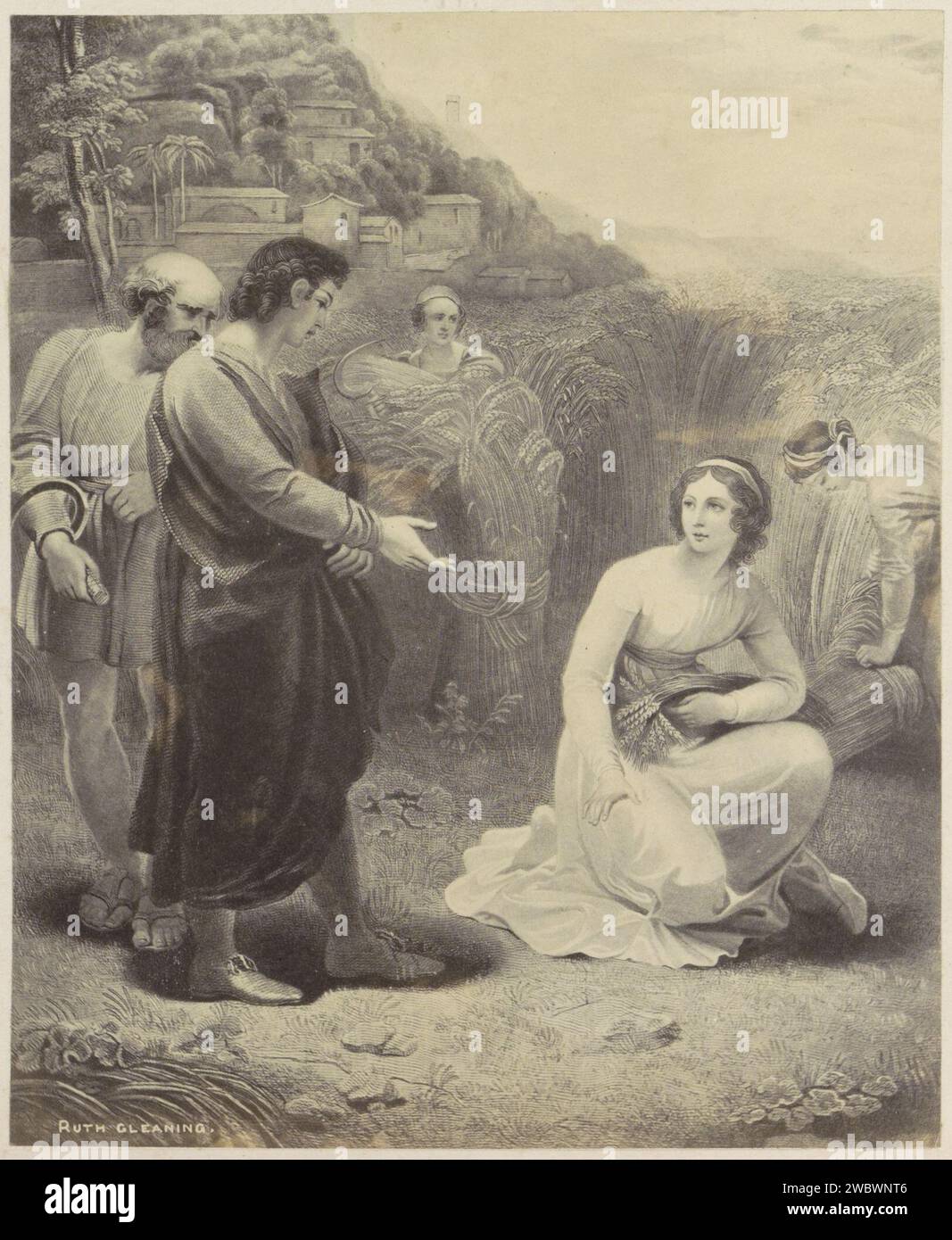 Produzione fotografica di (presumibilmente) una stampa di Ruth Reading Aren sul campo di Boaz, c. 1850 - c. 1870 Fotografia parte di album con foto di luoghi e paesaggi in Inghilterra e di arte. Giornale inglese. Supporto fotografico per la stampa di albumi Ruth Gleaning Foto Stock