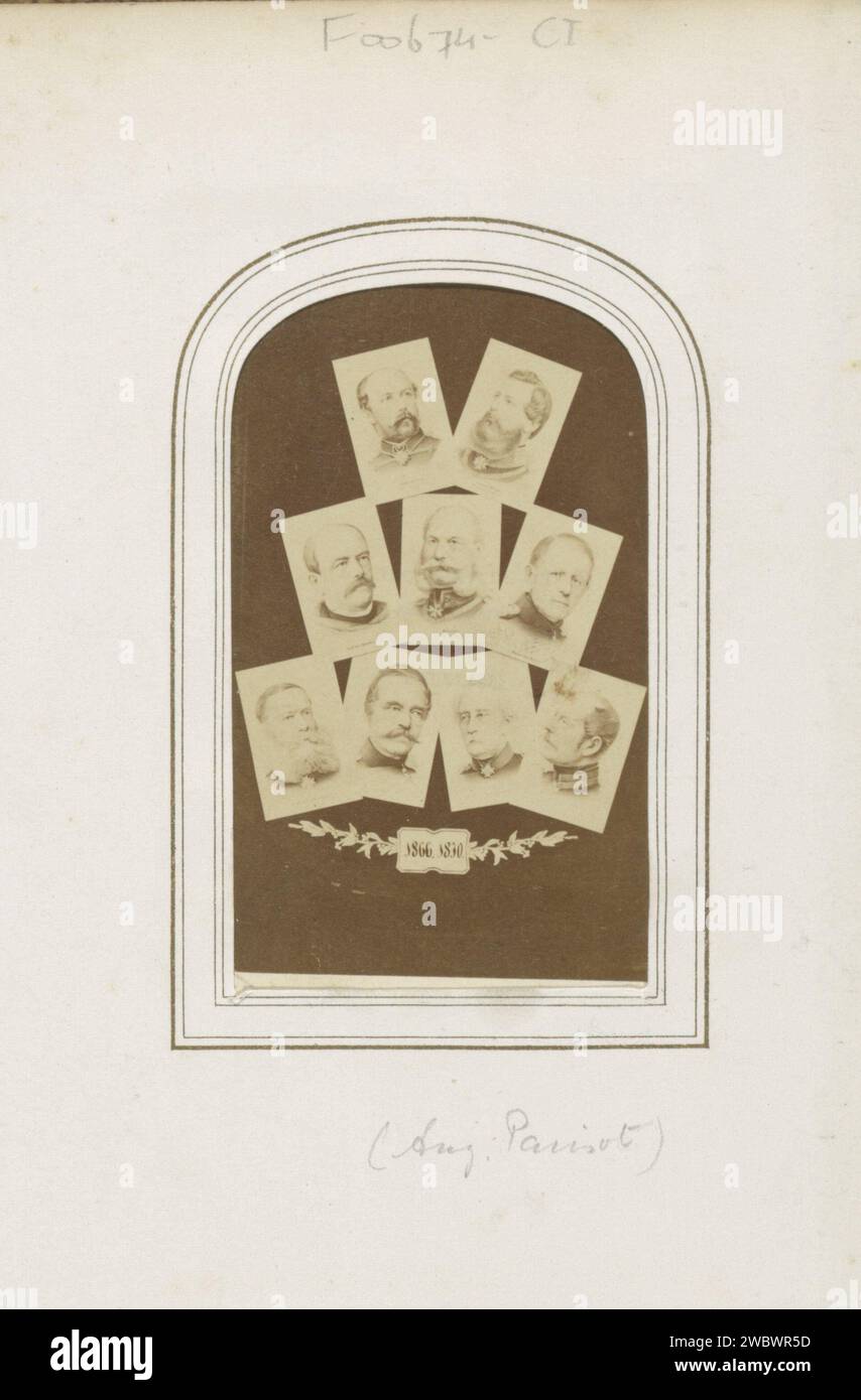 Collage fotografico di 9 ritratti in miniatura di principi, soldati e politici tedeschi del periodo 1830-1866, tra cui otto von Bismarck, agosto Parisot, c. 1870 Fotografia. Visita la scheda parte dell'album fotografico con 123 Cartes-de visite dei membri delle case reali europee, dei politici e di persone famose. cartone. carta. supporto fotografico per la stampa di persone storiche da parte di albumen. sovrano, sovrano. politico, ad esempio leader del partito. prince Foto Stock