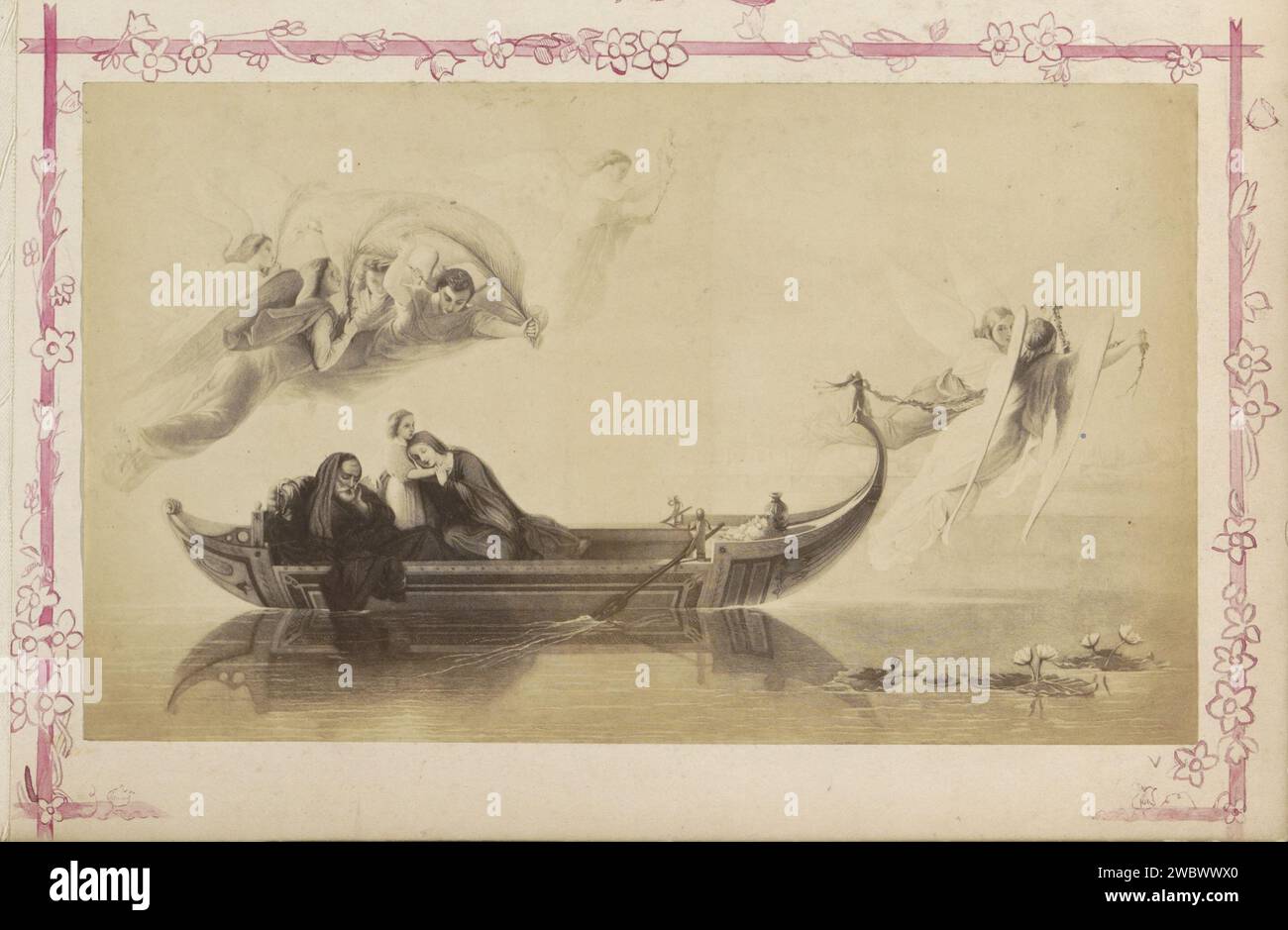 Produzione fotografica di (presumibilmente) una stampa con una barca accompagnata da angeli, c. 1850 - c. 1870 Fotografia parte di album con foto di luoghi e paesaggi in Inghilterra e di arte. Giornale inglese. angeli per la stampa di albumi di supporto fotografico. canottaggio, canoa, ecc. Foto Stock
