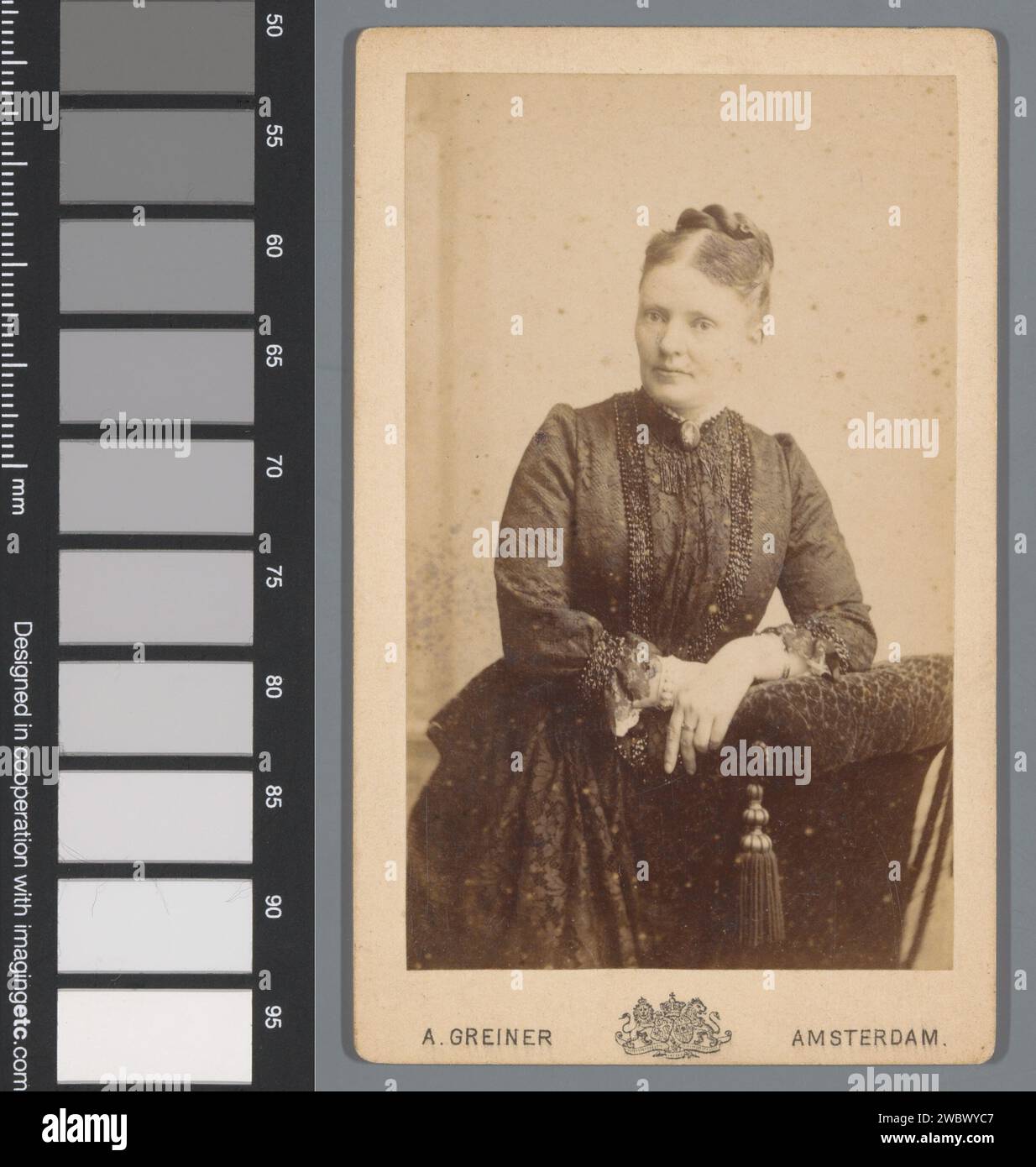 Ritratto di una donna sconosciuta, appoggiata su una sedia, Albert Greiner, 1861 - 1890 Fotografia. Visita il giornale di Amsterdam. Cartoncino albumen stampa persone storiche - BB - donna. sedia Foto Stock