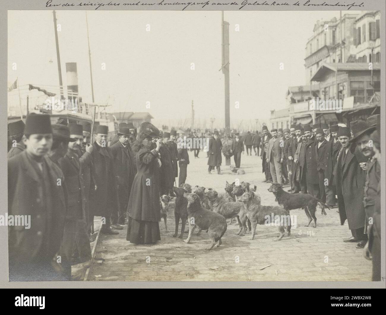 Viaggiatrice femminile con un gruppo di cani in mezzo agli uomini sulla Galatakade a Istanbul, Anonymous, c. 1900 - nel o prima del 1910 Fotografia parte dell'album fotografico di un viaggio attraverso l'Europa meridionale e il Medio Oriente. Supporto fotografico Istanbul stampa argento gelatina donna adulta. quay (+ city(-scape) con figure, personale). viaggi; turismo. Cane Istanbul Foto Stock