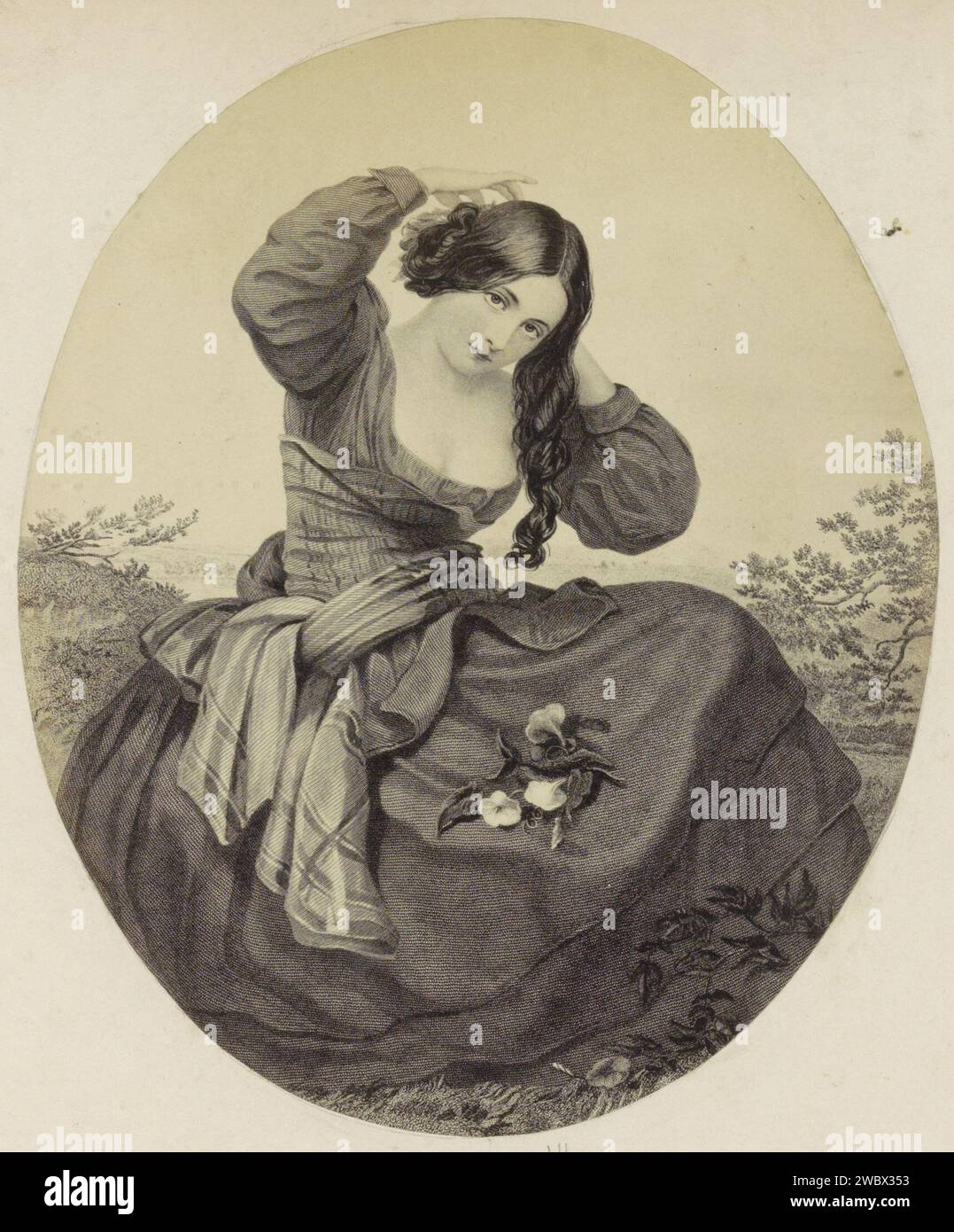 Produzione fotografica di (presumibilmente) una stampa di una giovane donna che organizza i suoi capelli, c. 1850 - c. 1870 Fotografia parte di album con foto di luoghi e paesaggi in Inghilterra e di arte. Giornale inglese. supporto fotografico albume stampa adolescente, giovane donna, fanciulla. Stili di parrucchiere - AA -  donne Foto Stock