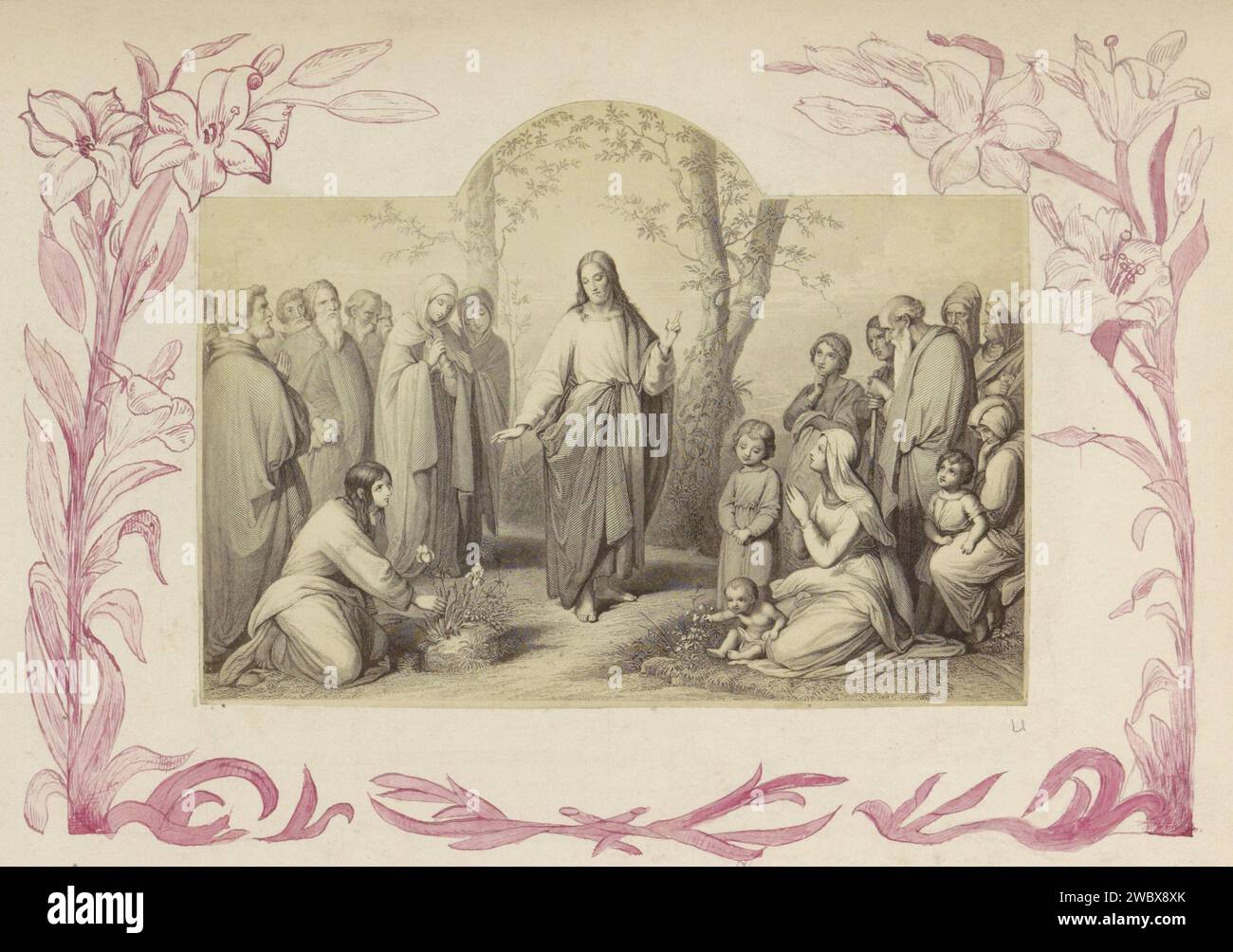 Produzione fotografica di (presumibilmente) una stampa con Cristo tra uomini, donne e bambini, c. 1850 - c. 1870 Fotografia parte di album con foto di luoghi e paesaggi in Inghilterra e di arte. Giornale inglese. Supporto fotografico albume stampa Cristo Foto Stock