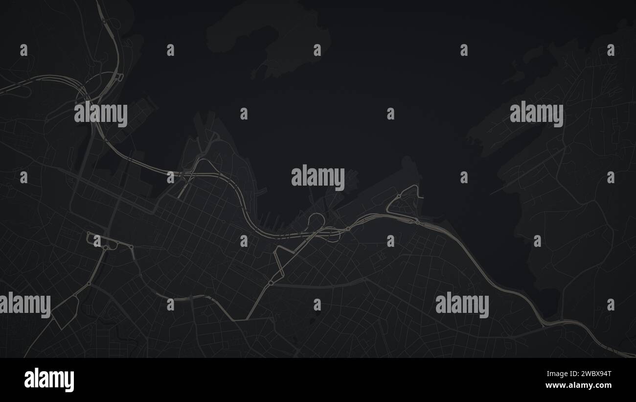 Mappa illustrativa di una città immaginaria in bianco e nero. Sfondo astratto della mappa della città oscura. Foto Stock