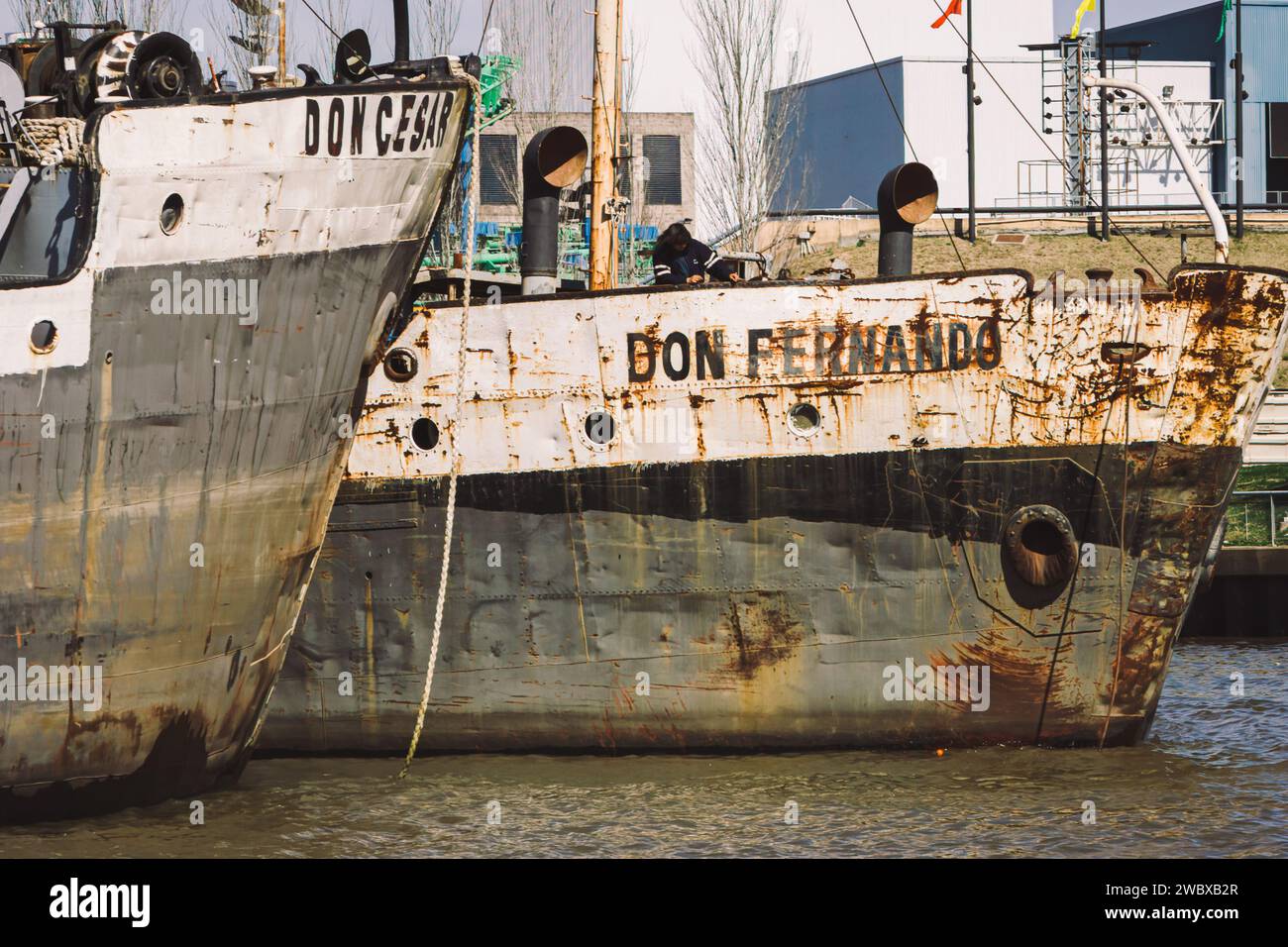 Due vecchie navi arrugginite attraccate in un porto fluviale a Tigre (Argentina) Foto Stock