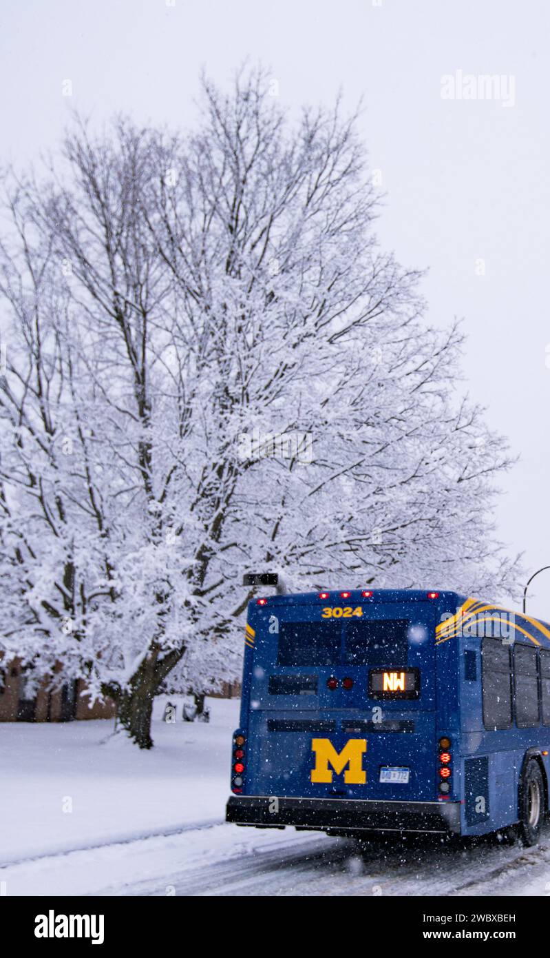 Un vivace autobus blu scivola senza sforzo lungo una strada ventosa adornata da una coperta incontaminata di neve, accompagnata da alberi maestosi Foto Stock