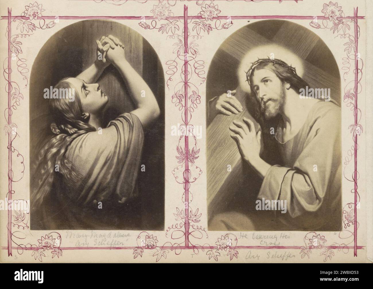 Produzione fotografica di (presumibilmente) una stampa con un Cristo incrociato, c. 1850 - c. 1870 Fotografia parte di album con foto di luoghi e paesaggi in Inghilterra e di arte. Giornale inglese. Supporto fotografico stampa albumana che porta la croce: Cristo che porta la croce, da solo o con l'aiuto di altri (es. Simone il Cirene) Foto Stock