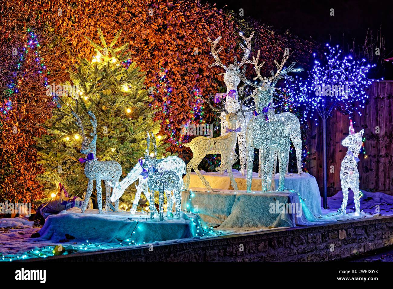 Warminster, Wiltshire, Regno Unito - dicembre 28 2022: Decorazioni con giardino di Natale delle renne a LED illuminate nel giardino anteriore di una casa Foto Stock