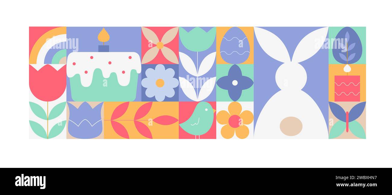 Striscione geometrico pasquale con coniglietto, torta, fiori, candela, pulcino. Kit forme quadrate per sito Web, sfondo. Illustrazione Vettoriale