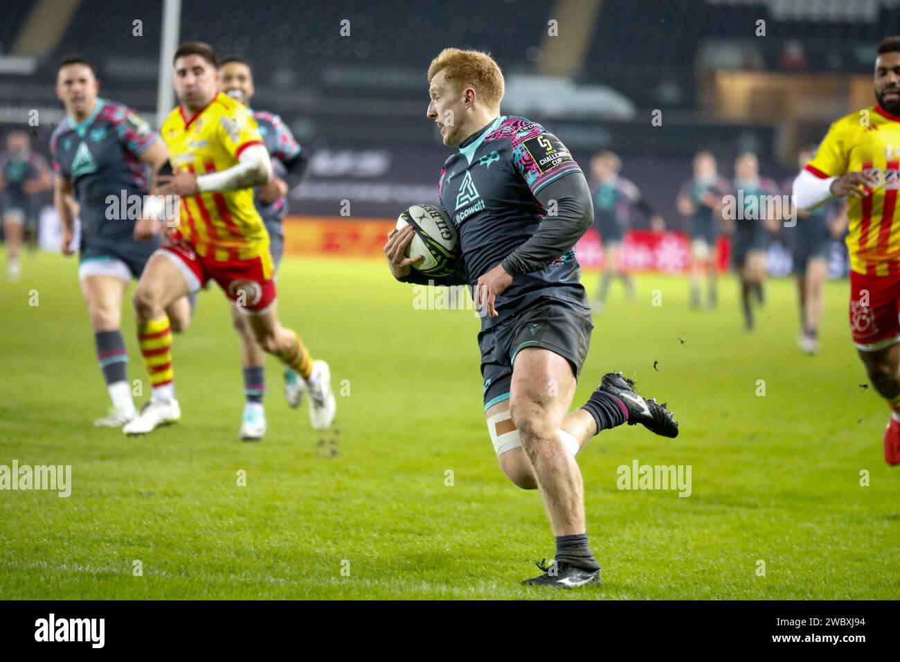 Swansea, Regno Unito. 12 gennaio 2024. Iestyn Hopkins di Ospreys corre e segna la prima meta delle sue squadre. EPCR Challenge Cup rugby, Ospreys contro Perpignan, partita di biliardo 2 allo stadio Swansea.com di Swansea, Galles del Sud, venerdì 12 gennaio 2024. Solo per uso editoriale. foto di Geraint Nicholas/Andrew Orchard fotografia sportiva/Alamy Live news Credit: Andrew Orchard Sports Photography/Alamy Live News Foto Stock