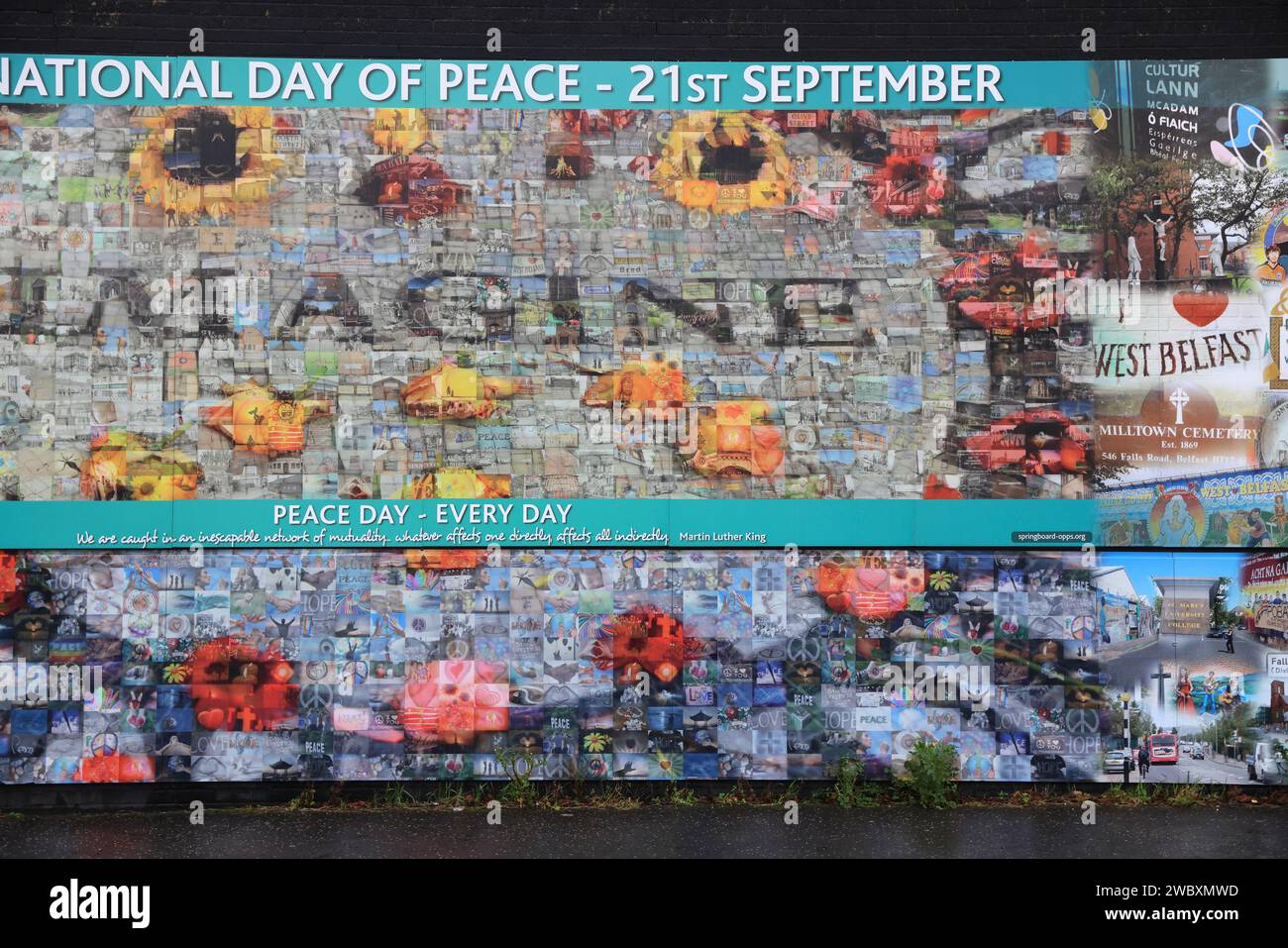 Northumberland Street che corre tra la lealista Divis Street e l'unionista Shankhill Road, conosciuta come il muro Internazionale, con i suoi famosi murales, NI. Foto Stock
