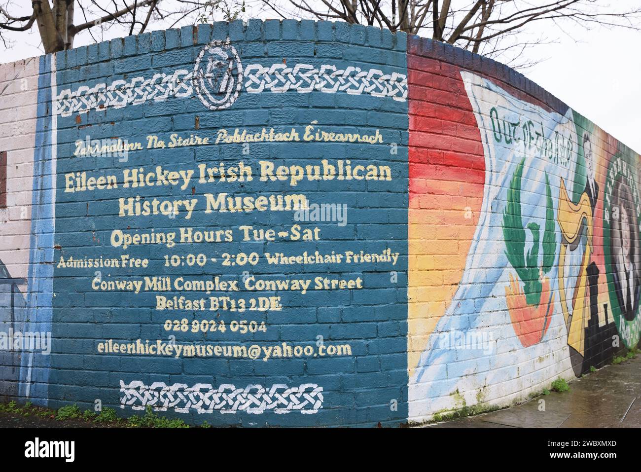 Il museo di storia repubblicana irlandese Eileen Hickey, nei pressi dell'area di Falls Road, a West Belfast, reso famoso come area nazionalista e repubblicana, NI, Regno Unito Foto Stock