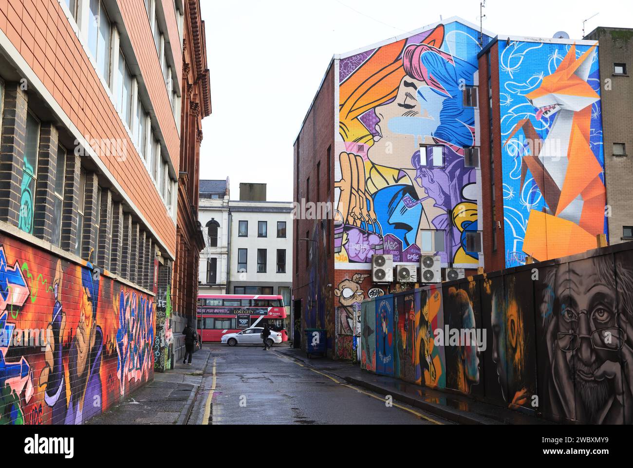 Il Consiglio di Belfast ha chiesto agli artisti locali di illuminare Kent Street nel Cathedral Quarter, il che ha portato ad alcune grandi opere di Street art, NI, Regno Unito Foto Stock